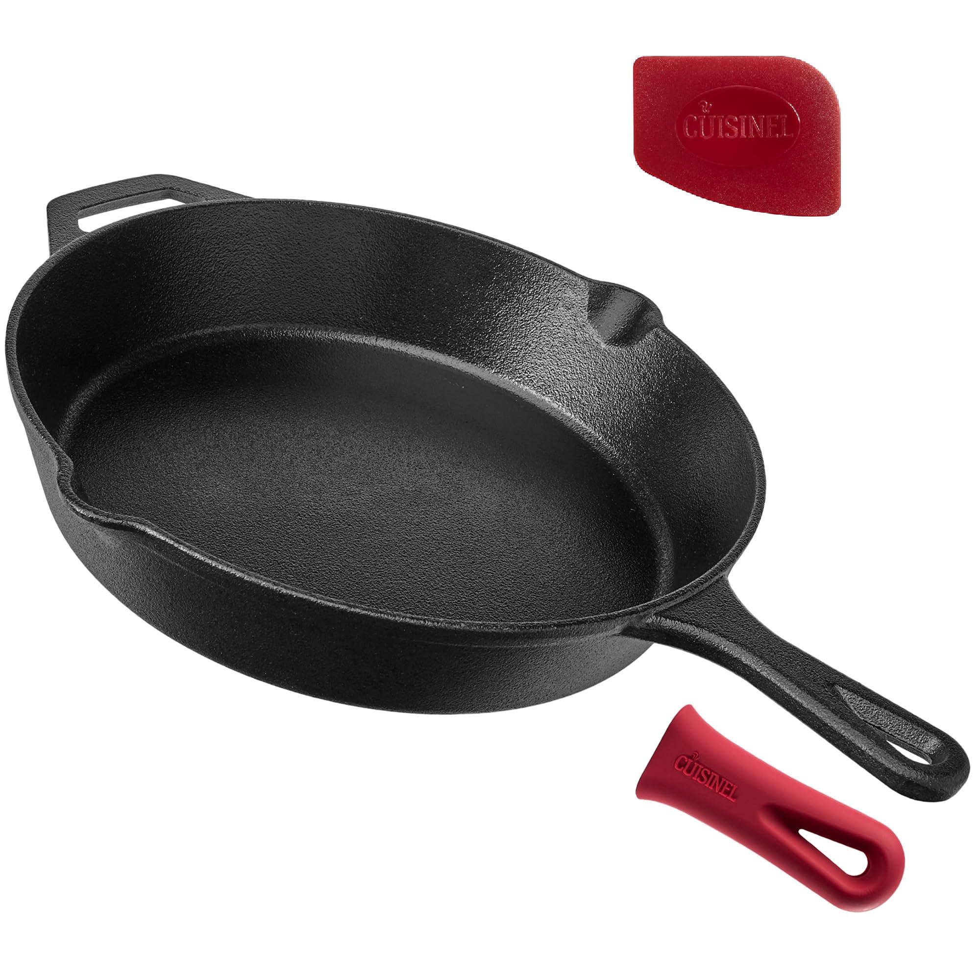 Cuisinel Cast Iron Skillet - 12-Inch Frying Pan with Assist Handle + Red Silicone Grip Cover - Pre-Seasoned Oven Safe Cookware -