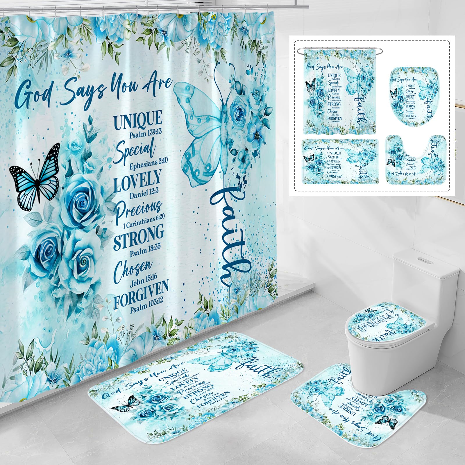 Litabel 4 Pcs Teal Butterfly Inspirational Quotes Shower Curtain Set With Rugs And Toilet Lid Cover, Colorful Boho Waterproof Fa