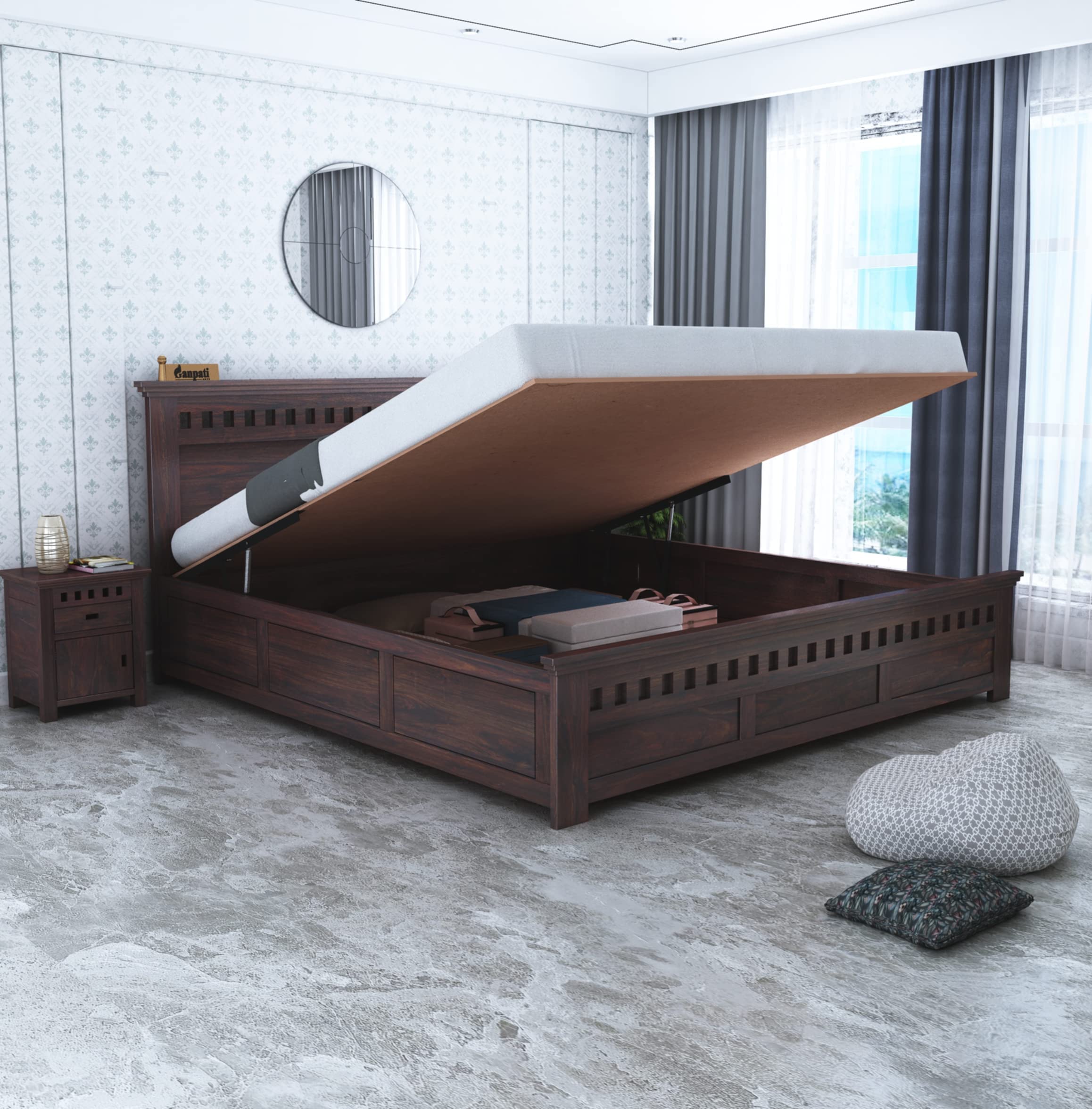 Ganpati Arts Solid Sheesham Wood Armania Queen Size Bed With Hydraulic Storage For Bedroom Living Room Wooden Double Bed Palang 