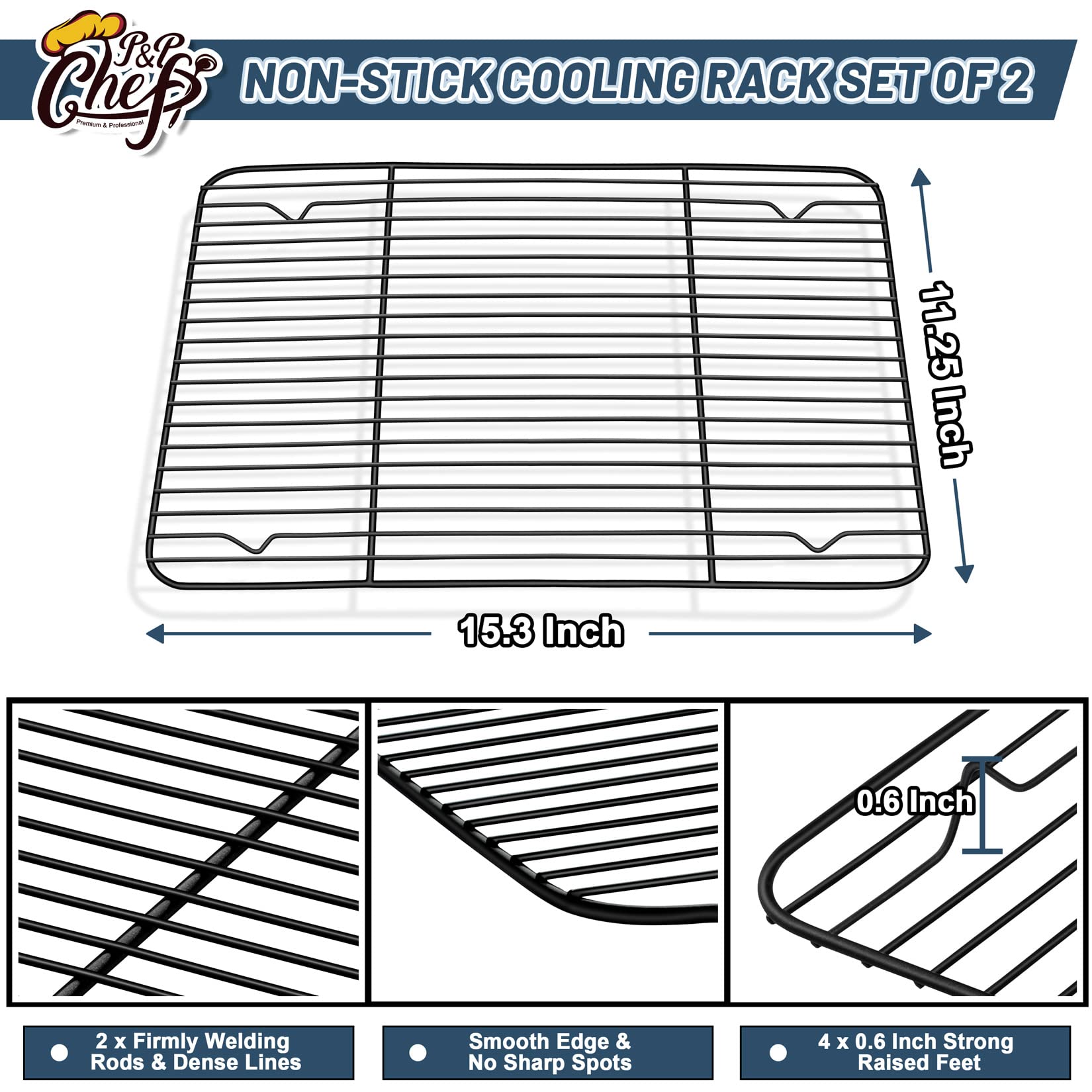 Cooling Rack For Baking Set Of 2, P&P Chef Non-Stick Roasting Racks For Oven Use, 15.3    X 11.25    Cooking Grilling Rack, Fit