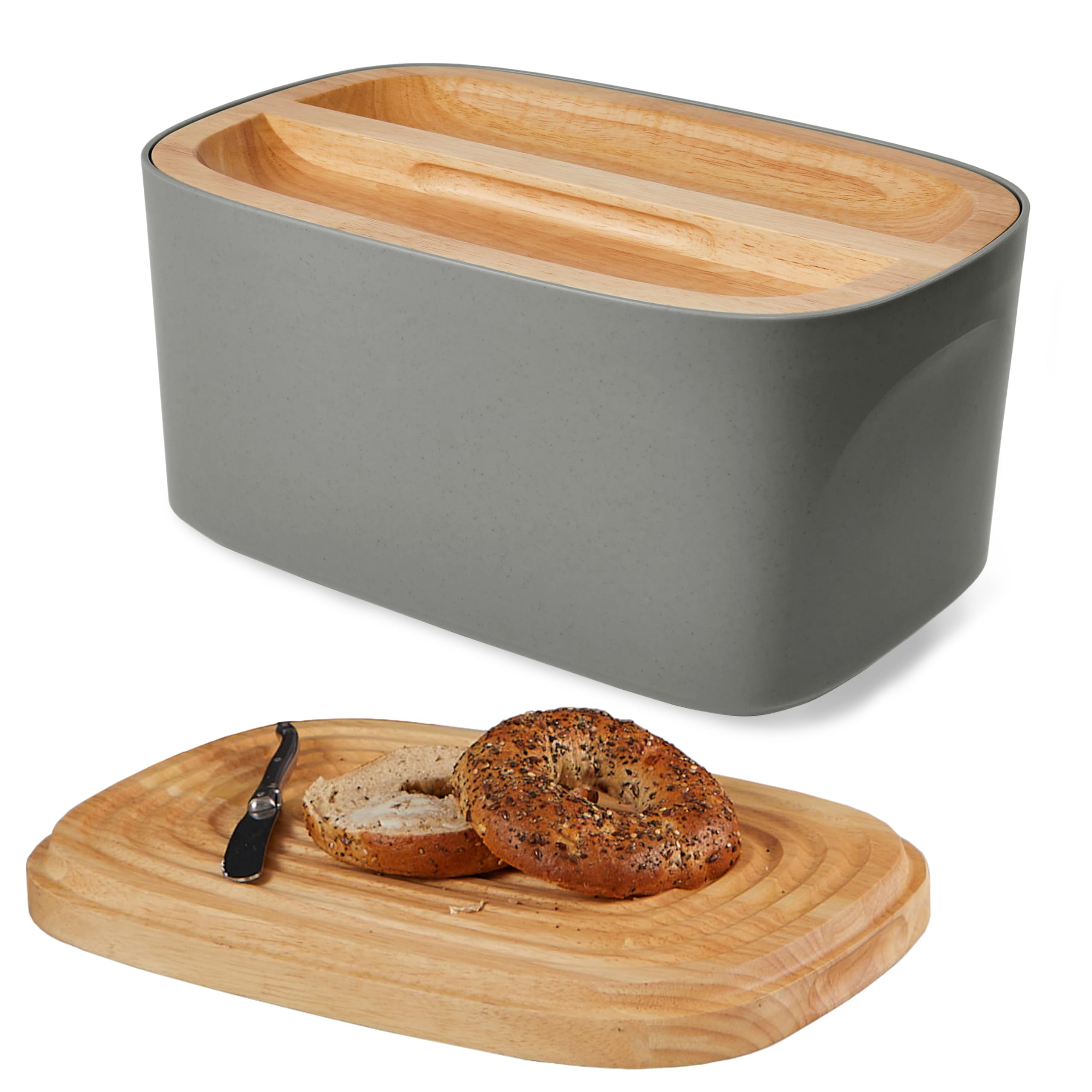 Sonder Los Angeles, Modern Bamboo Fiber (Charcoal) Bread Box for Kitchen Countertop with Reversible Wood Serving Lid, Homemade B