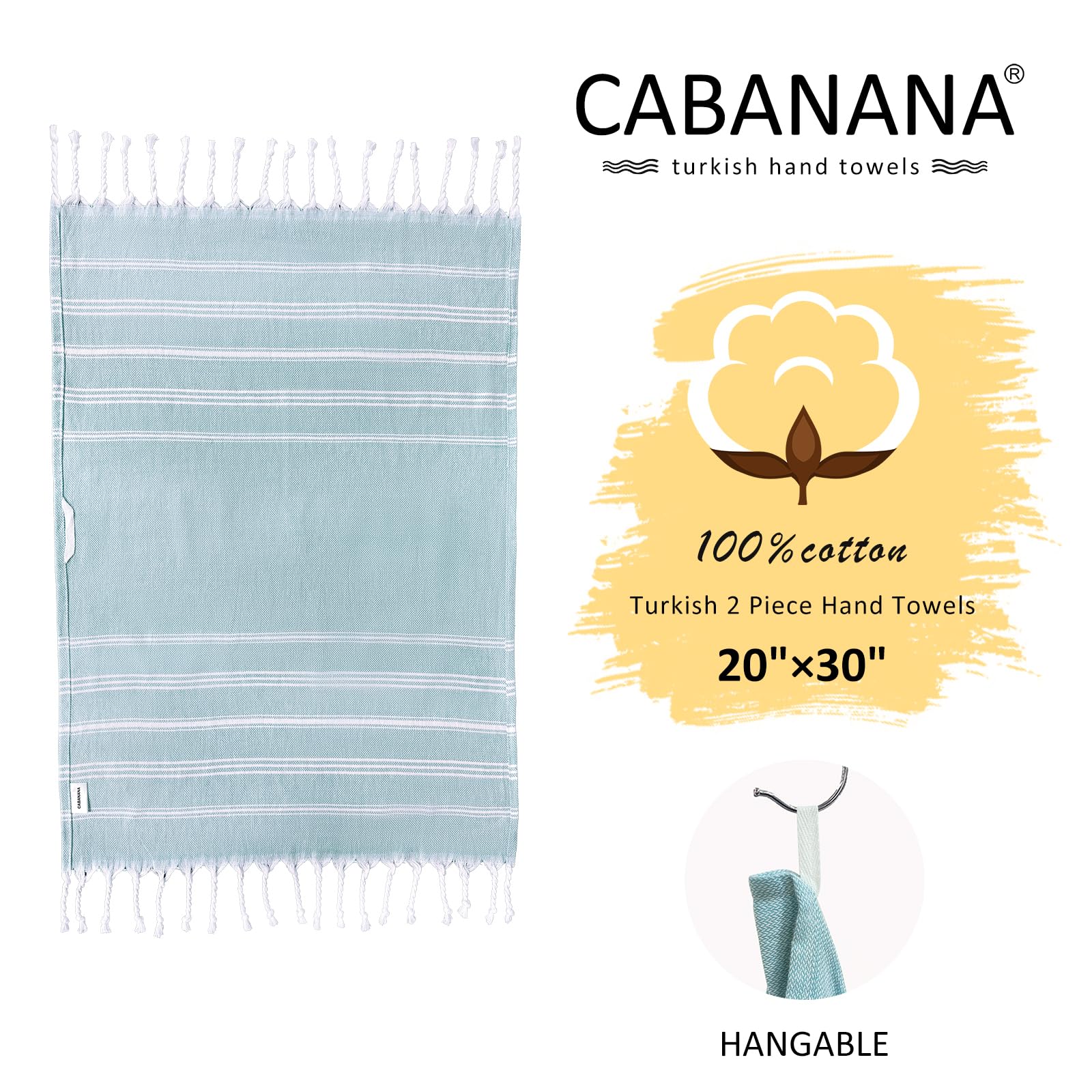 Cabanana Cotton Turkish Hand Towel - Set Of 2 | Boho Kitchen Tea Towels, 30 X 20 Inches Thin Decorative Bathroom Towel (Aqua)