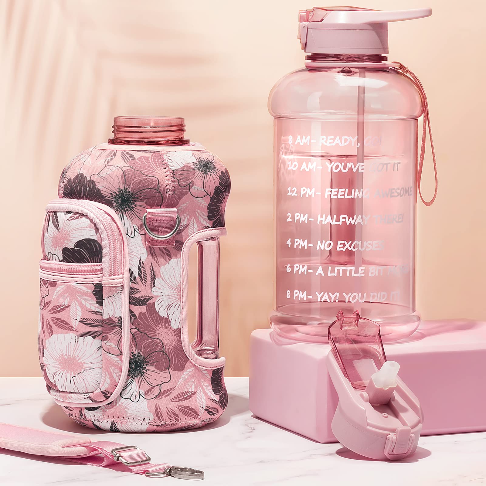 Fimibuke Half Gallon Water Bottle With Sleeve 64 Oz Water Bottle With Handle & Straw Leakproof Motivational Sports Gym Water Bot