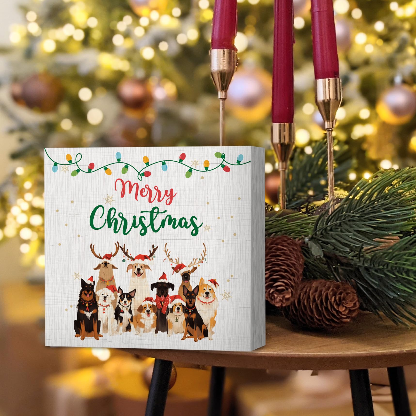 ANIANG Merry Christmas Wooden Box Sign - Christmas Desk Decor, Dog Decorations, Wood Block Box Sign Plaque For Office Home Wall