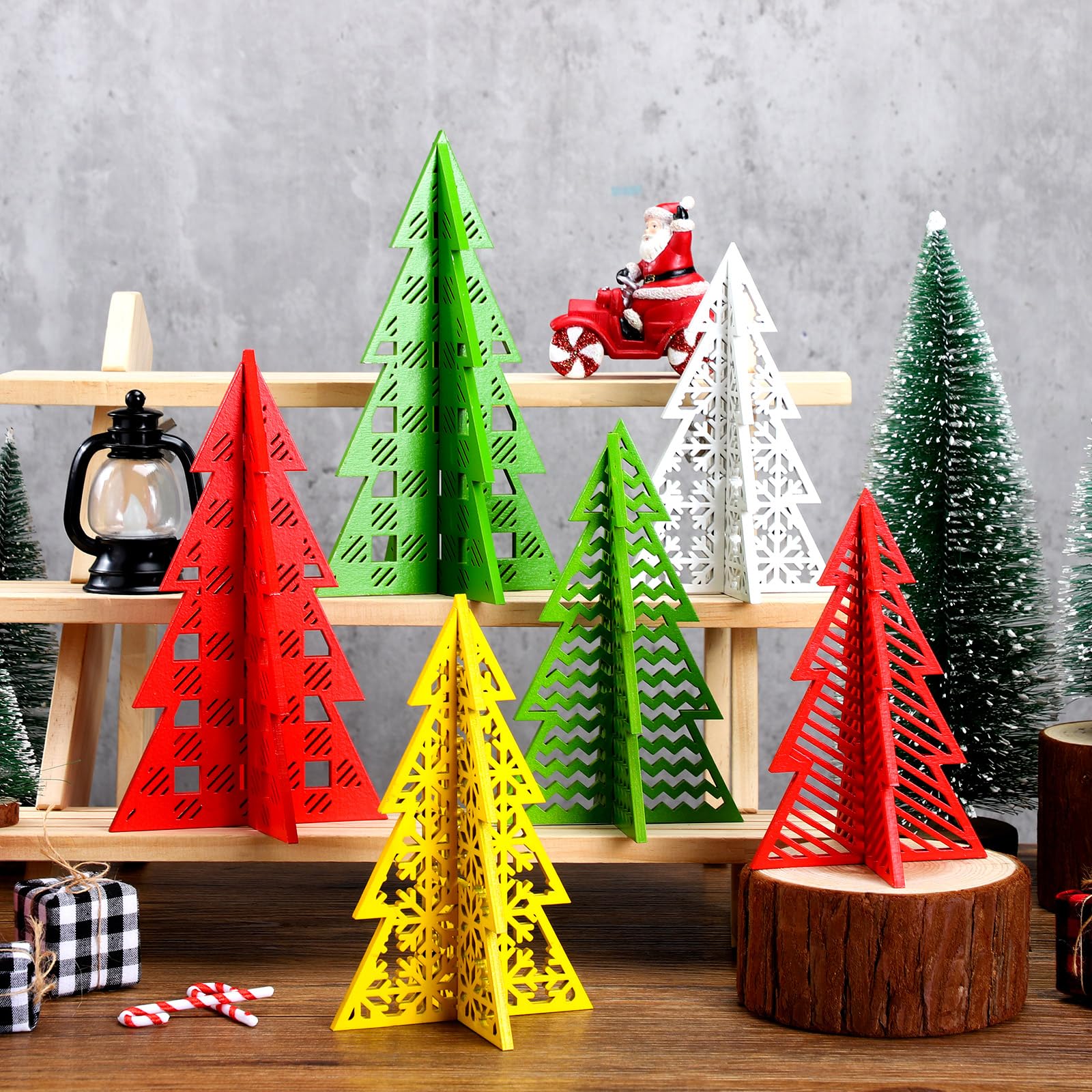 Maitys 12 Pcs Christmas Decoration 4 Sizes Wooden Tree Tabletop Decoration Merry Christmas 3D Sign Green Red Freestanding Engrav