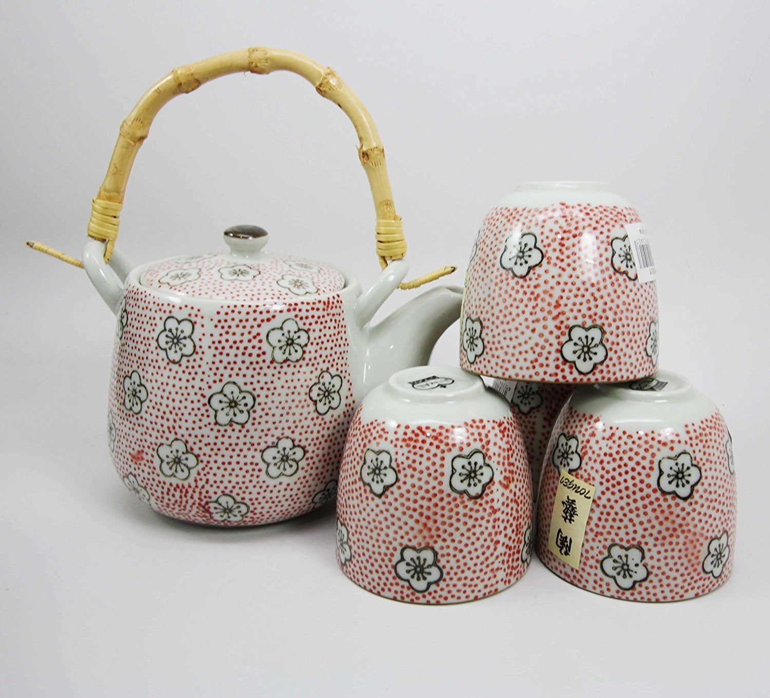 Atlantic Collectibles Japanese Cherry Blossom 20Oz Ceramic Tea Pot And Cups Set Serves 4 People (Red Polkadots)