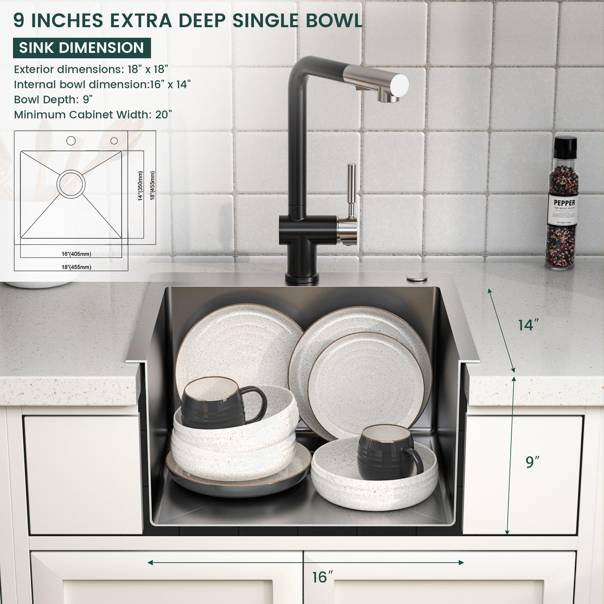 TORVA 18-Inch Drop-in Kitchen Sink  16 Gauge Stainless Steel Topmount Single Bowl - 9 Inches Deep Bar/Prep Basin