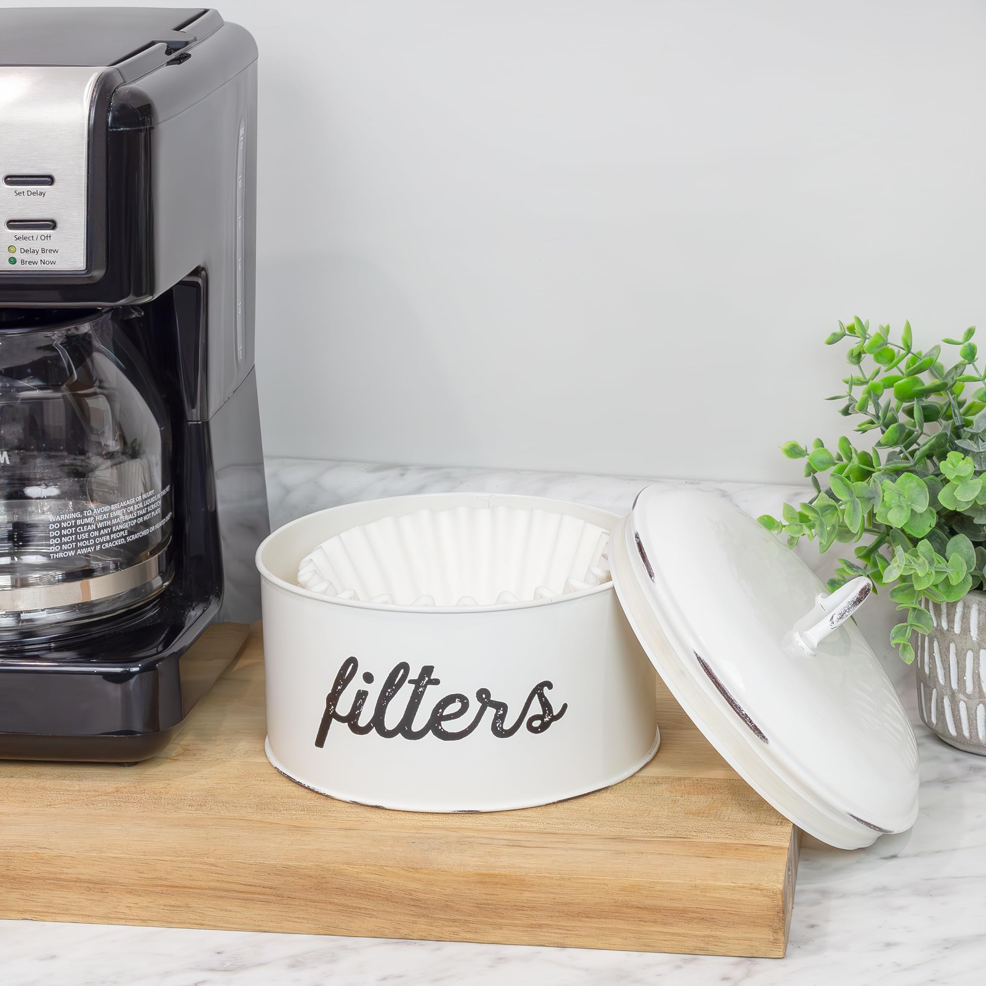 AuldHome Basket Coffee Filter Holder  White Enamel Filter Storage Container in Rustic Farmhouse Distressed Enamelware Design