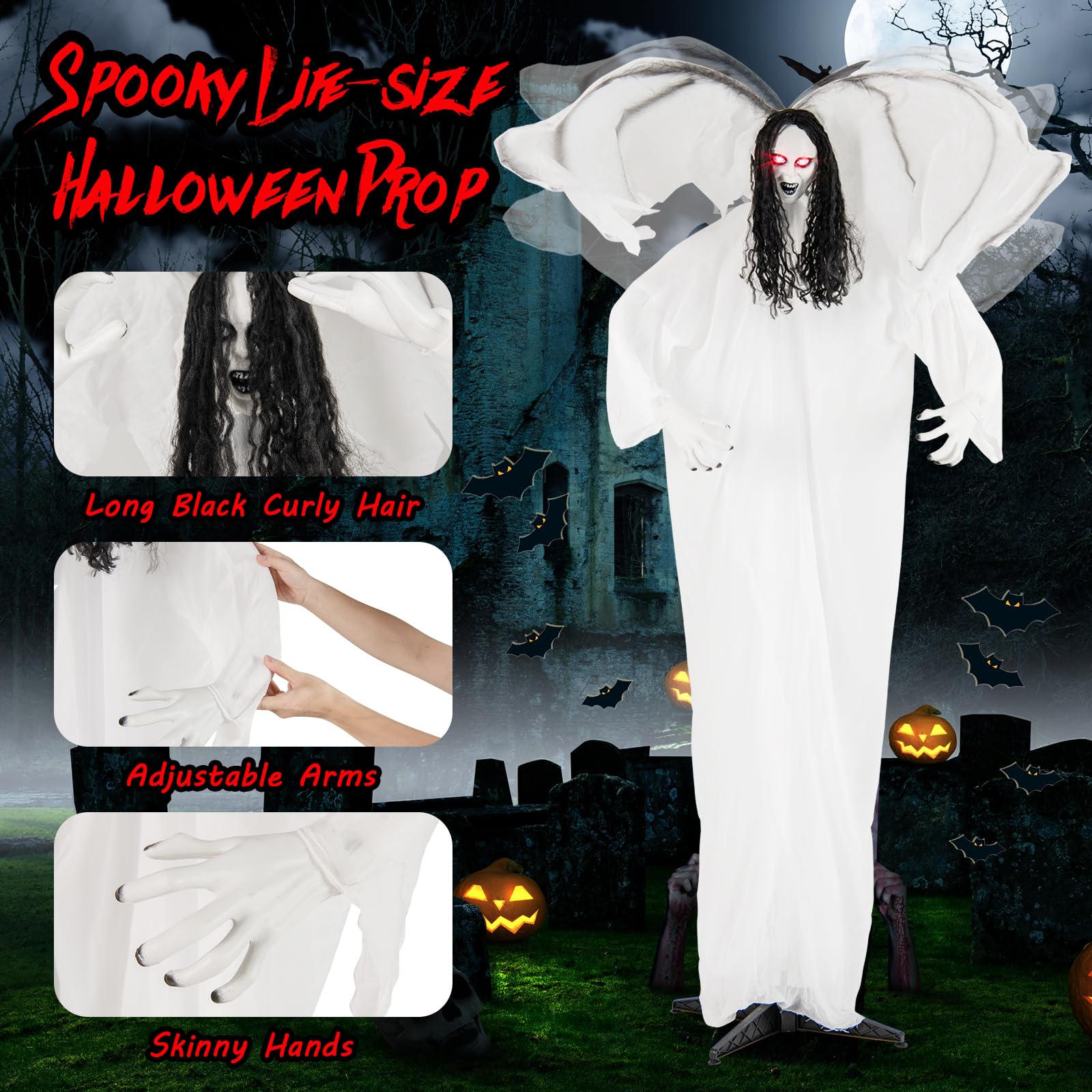 Tangkula Halloween Animatronic Standing Angel, 6.6 FT Haunted House Decoration w/Sound-Activated Light-up Eyes, Sounds & Flappin