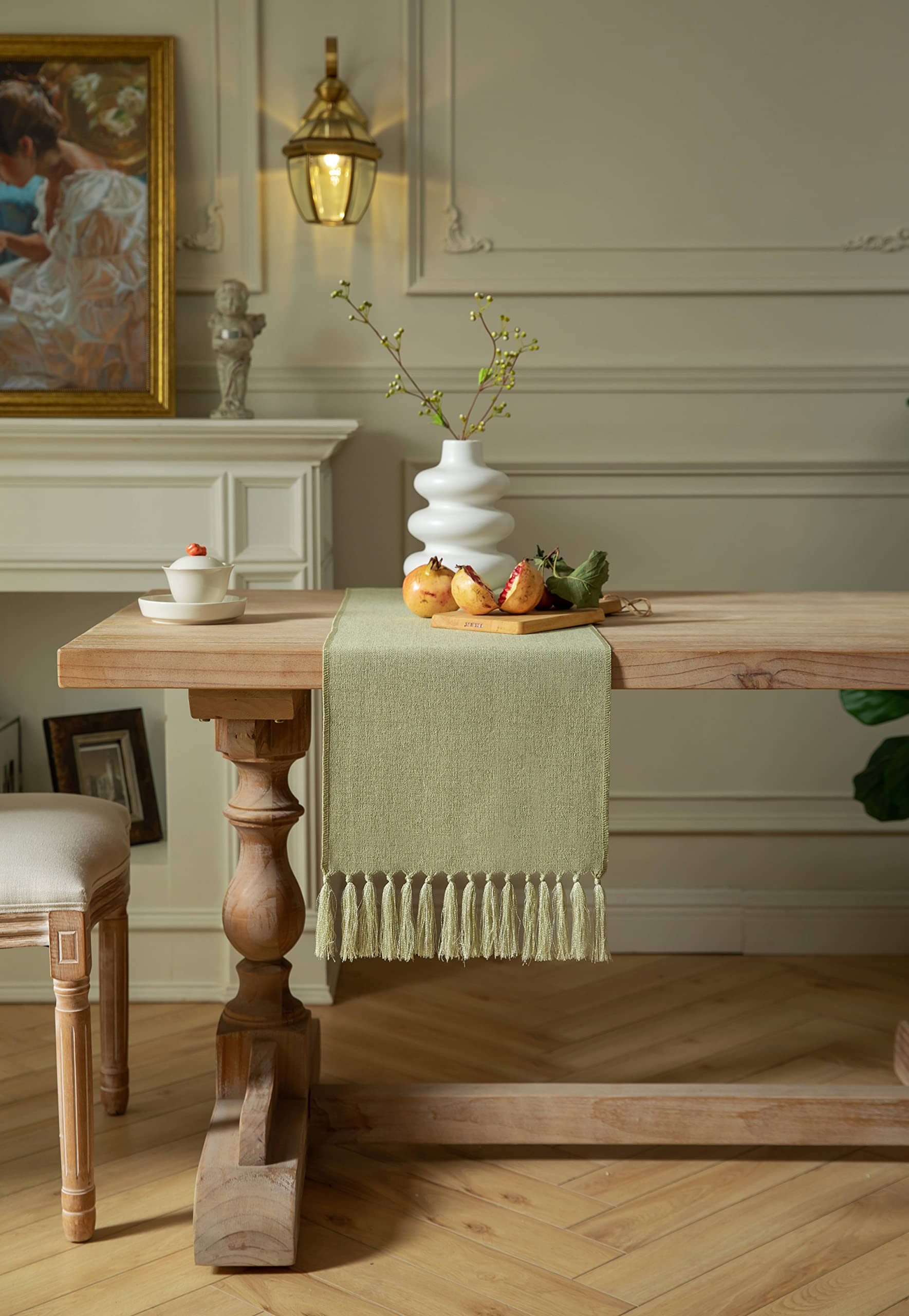 Zeemart Sage Green Table Runners 108 Inches Long, Burlap Linen Style Rustic Farmhouse Table Runner, Long Boho Dining Table Runne