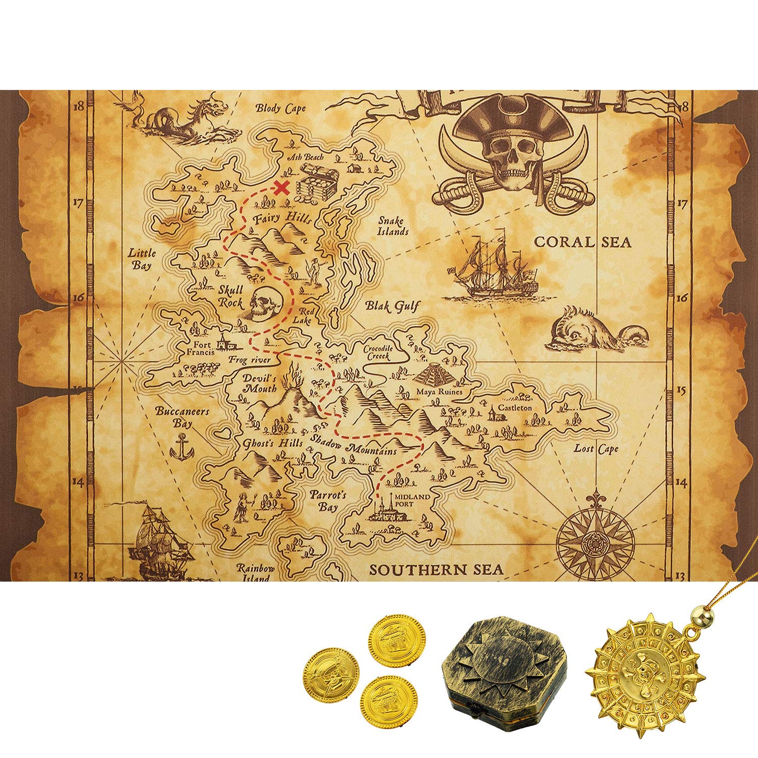 Gejoy Halloween Detailed Pirate Treasure Map Vintage Gold Secret Sea Historical Theme Party Accessory, Compass Necklace Plastic 