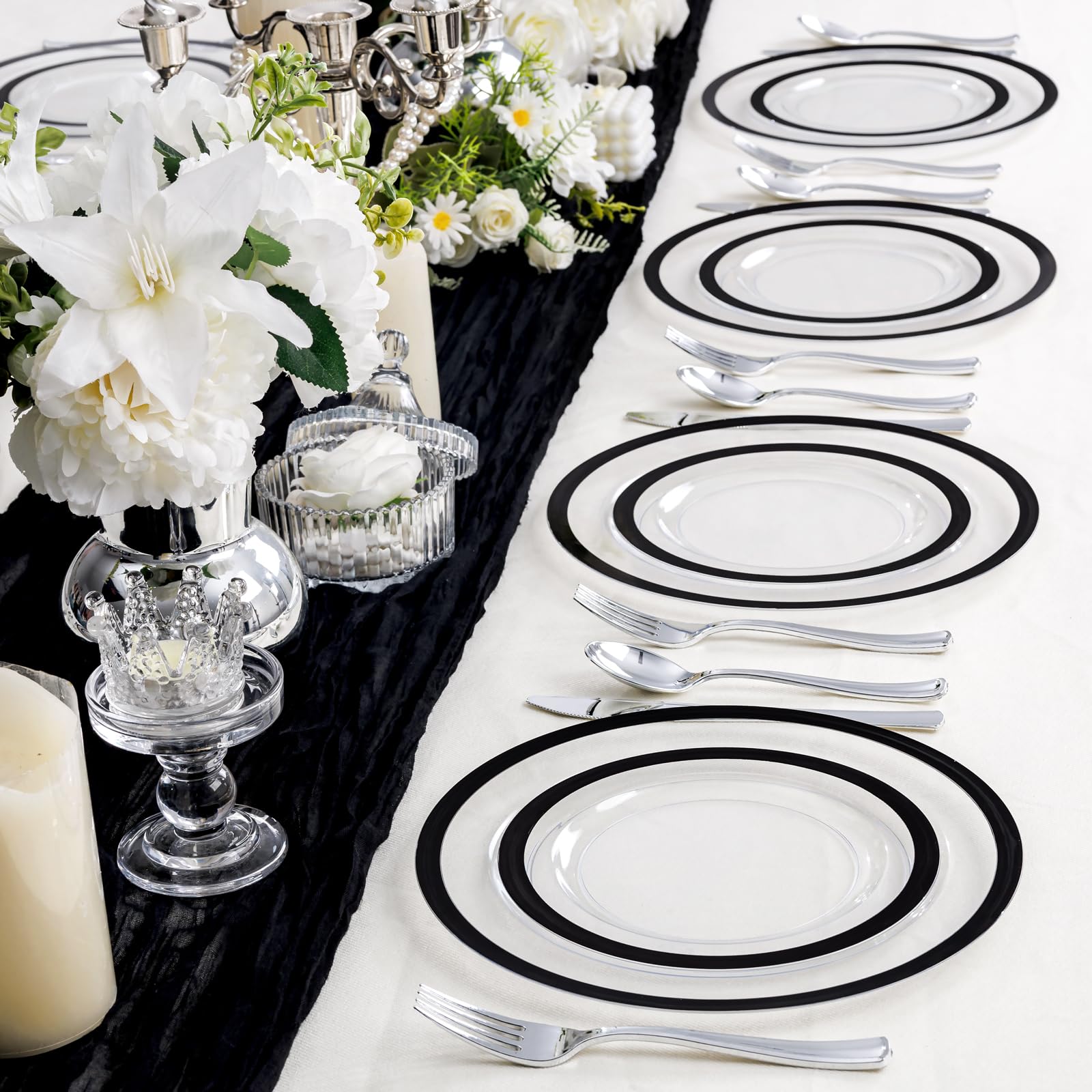 U-Qe 200 Pcs Clear And Black Plastic Plates - Black Plates Disposable Heavy Duty - Black Plastic Plates For Party - Include 100