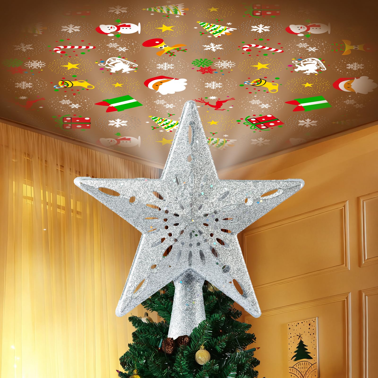 Christmas Tree Topper Lighted with 6 Patterns Projector, Christmas Star Tree Topper Built-in 3D Glitter LED Rotating Lights, Hol