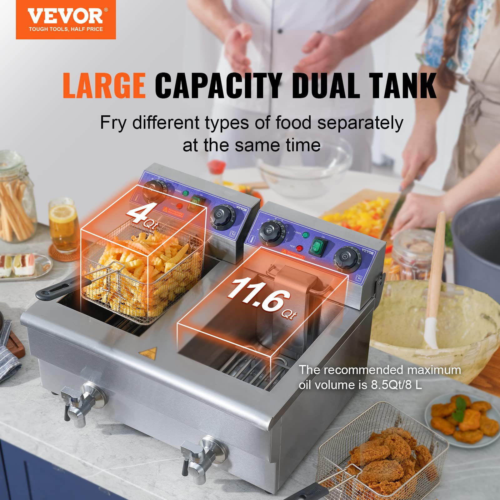 Vevor Commercial Electric Deep Fryer, 24L 3000W W/Dual Removable Basket, Stainless Steel Electric Countertop Fryer W/Time Contro
