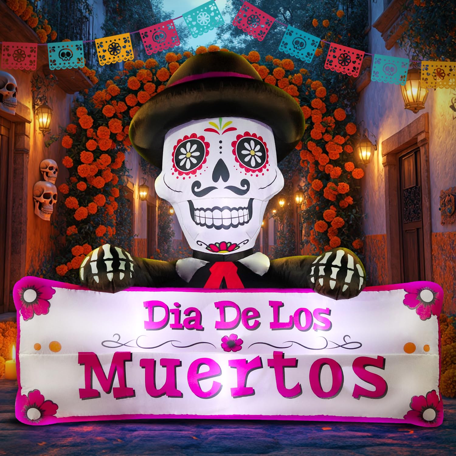 DomKom 6FT Halloween Inflatable Blow Up Decorations, Dia de Los Muertos Day of Dead Banner, Build-in LED Lights Holiday Blow Up 