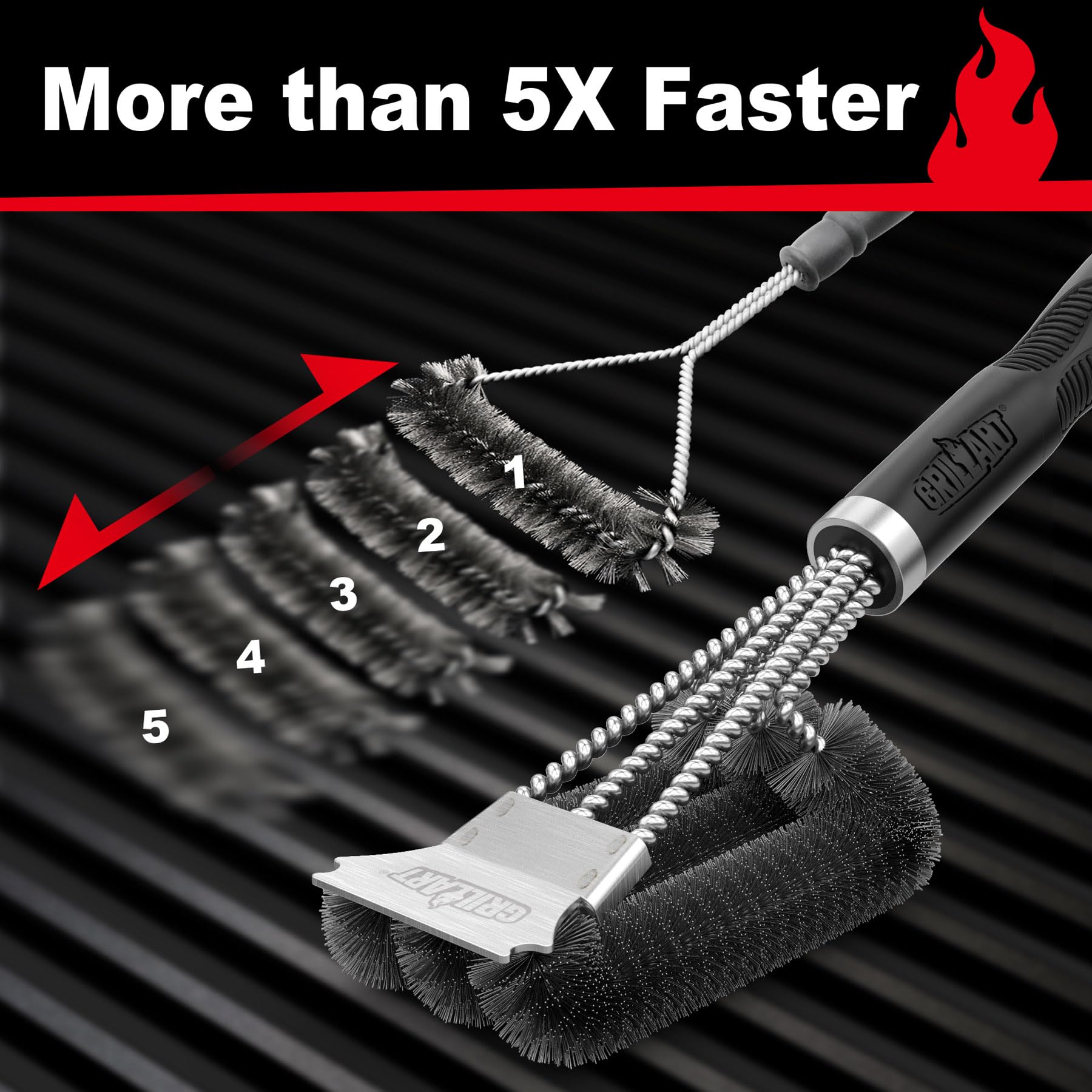 GRILLART Grill Brush and Scraper, Stainless Steel BBQ Cleaner, Dark Night Black, Model BR-8115 for Gas/Charcoal Grilling Grates