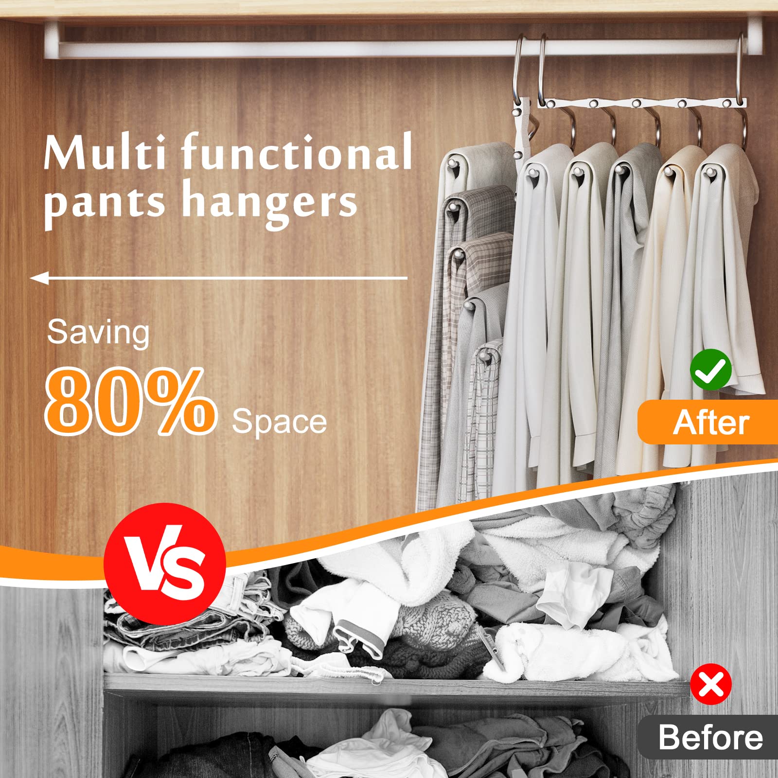 Loretoy 2 Pack Pants Hangers Space Saving, Anti-Slip Multi-Functional Pants Rack, Thickened Stainless Steel Tube With 10 Metal C