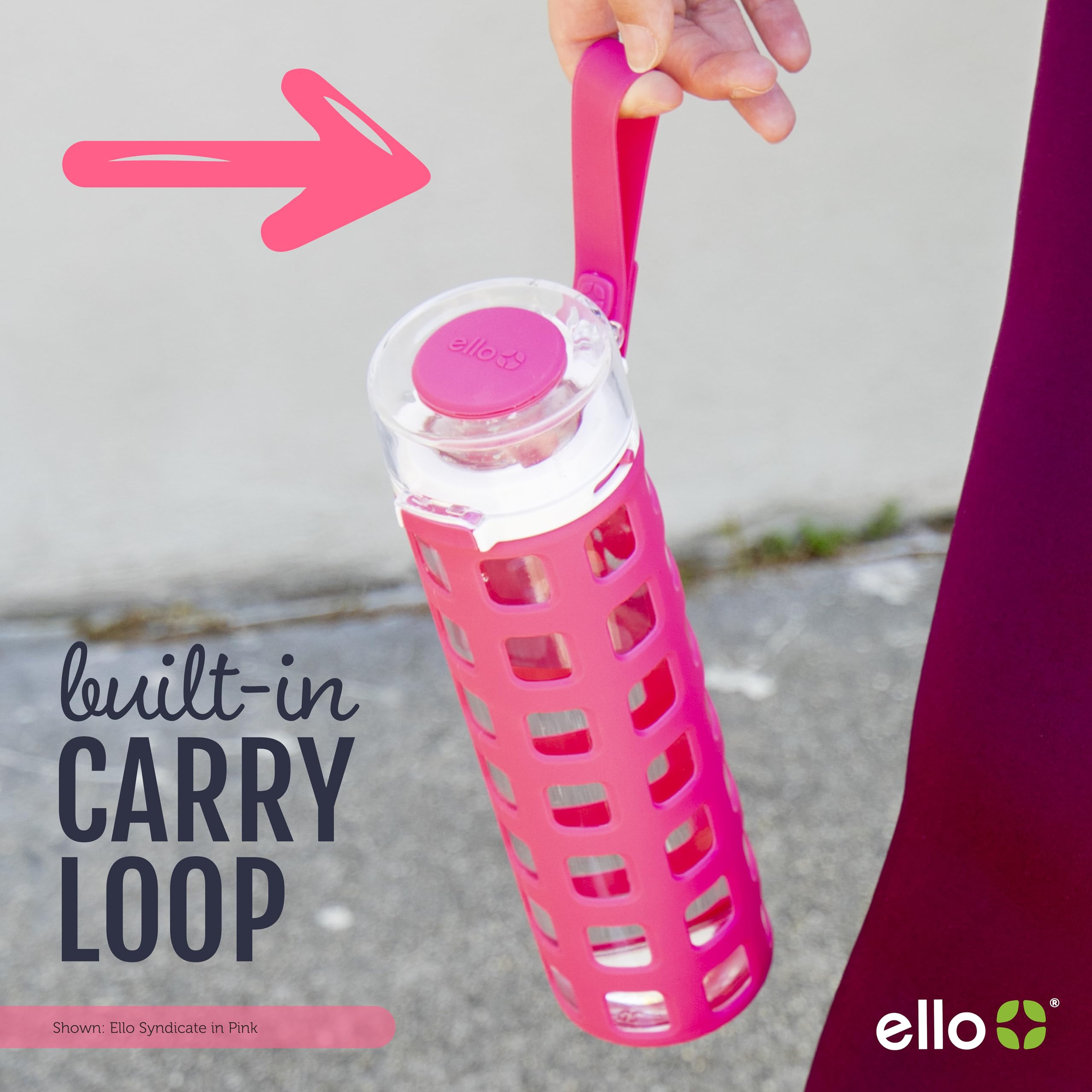 Ello Syndicate Glass Water Bottle with One-Touch Flip Lid and Protective Silicone Sleeve and Carry Loop  BPA Free  Dishwasher Safe  Pink  20oz