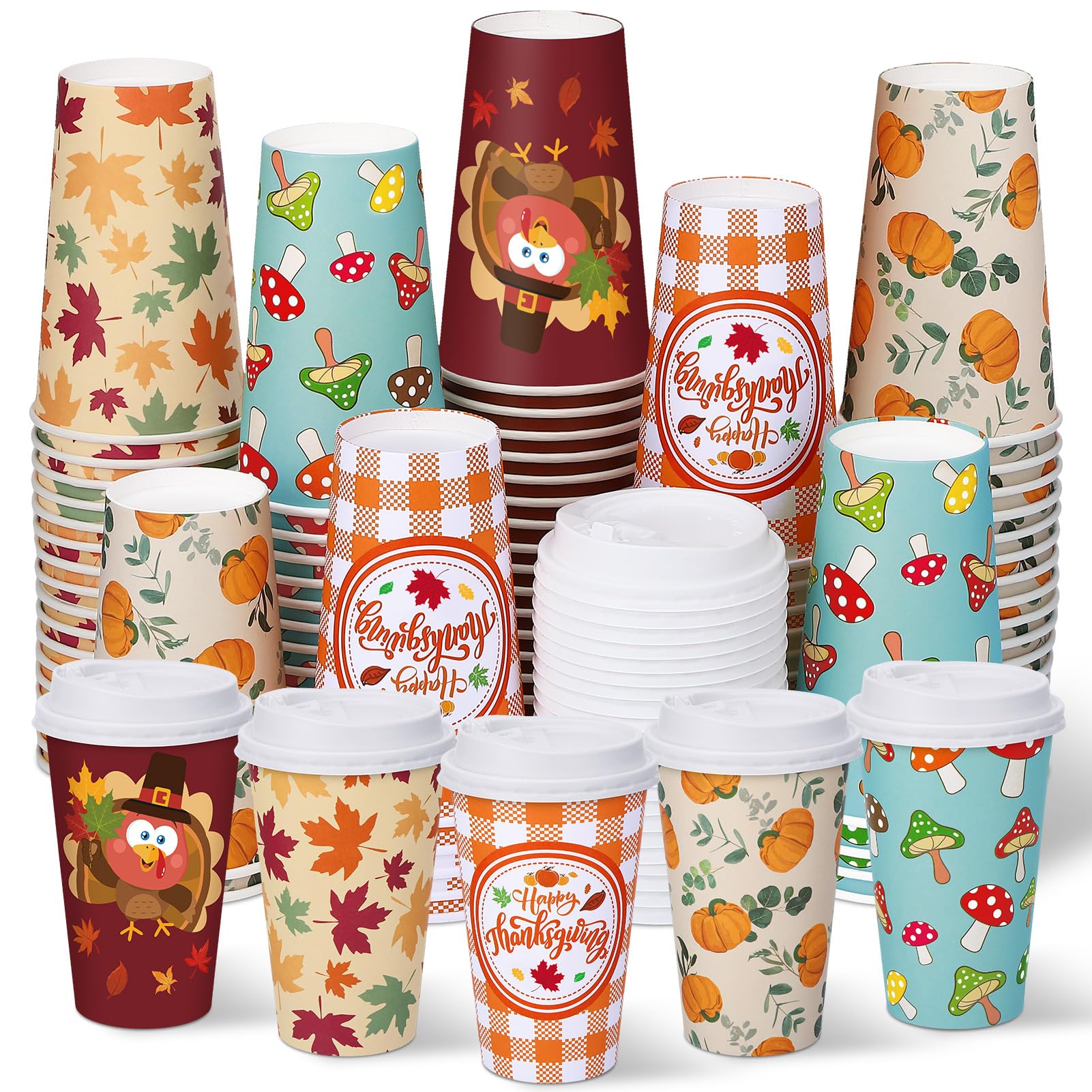 Ovveroche 100 Pack 16 oz Fall Thanksgiving Disposable Coffee Cups with Lids,Pumpkin Maple Leaves Mushroom Disposable Cups for Ho