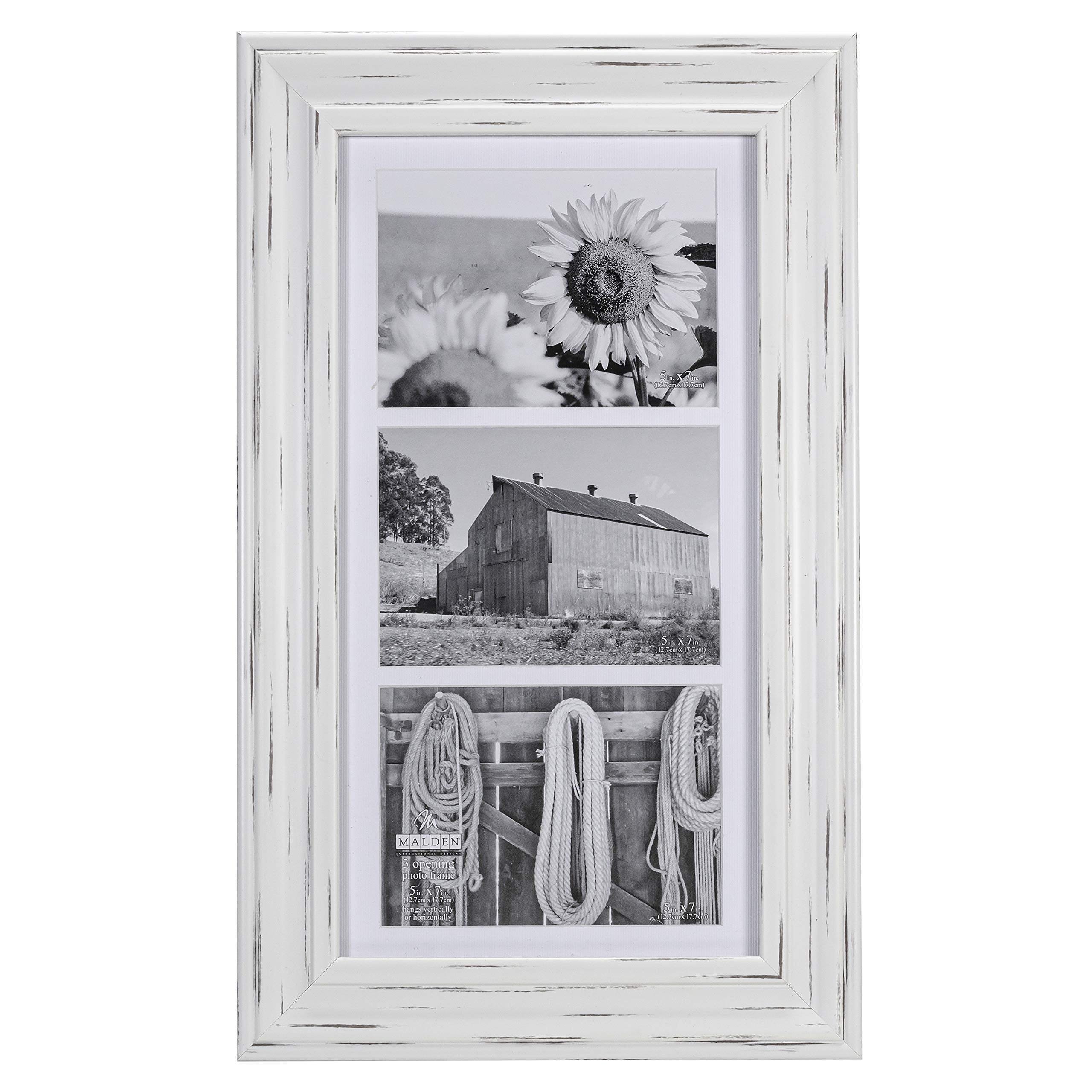 Malden International Designs Whitman White Wash Matted 3 Opening Collage Wood Picture Frame, 5 by 7-Inch