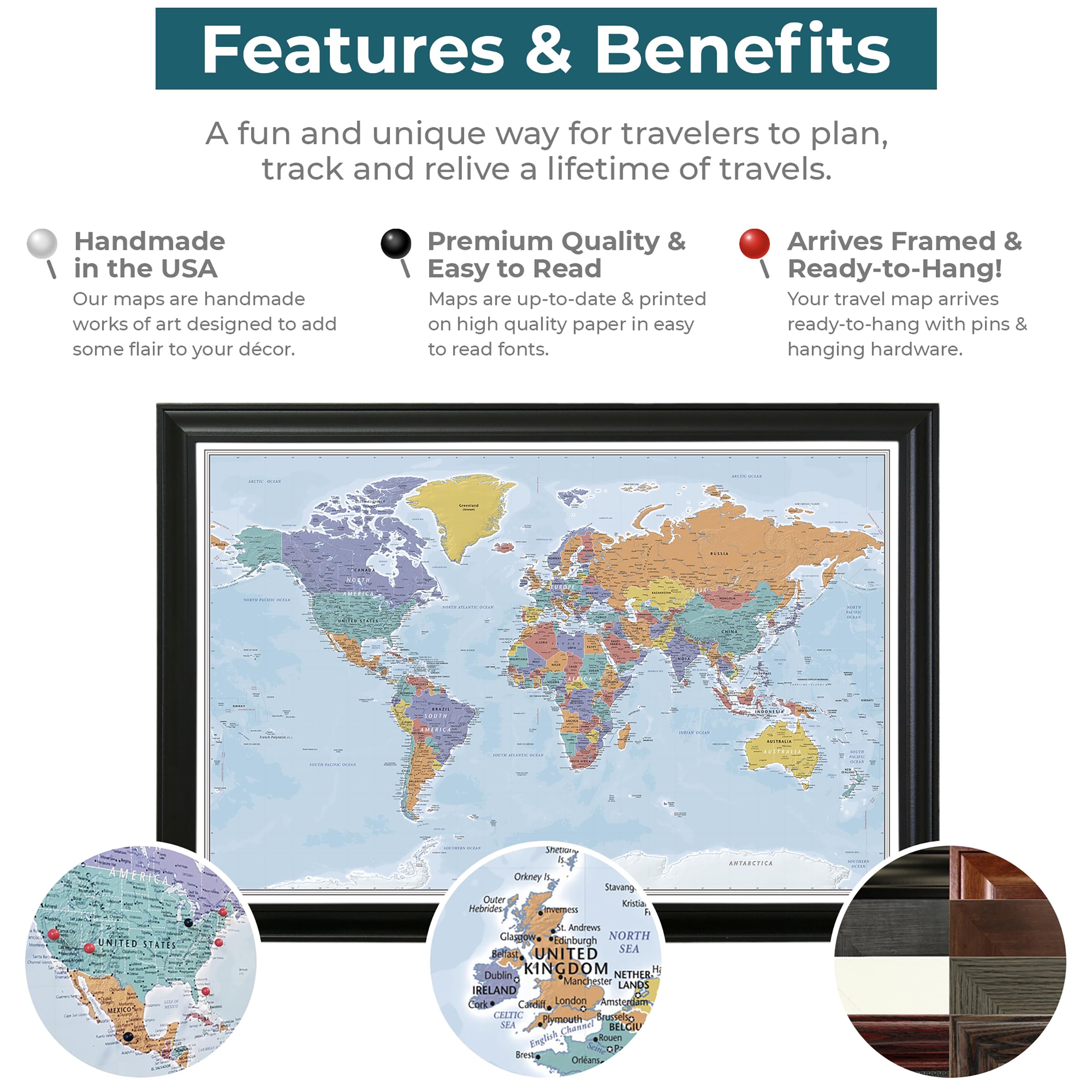 Push Pin Travel Maps Customizable World Map - 27.5" x 39.5" - Rustic Brown Frame - Ideal for Adventurous Travelers