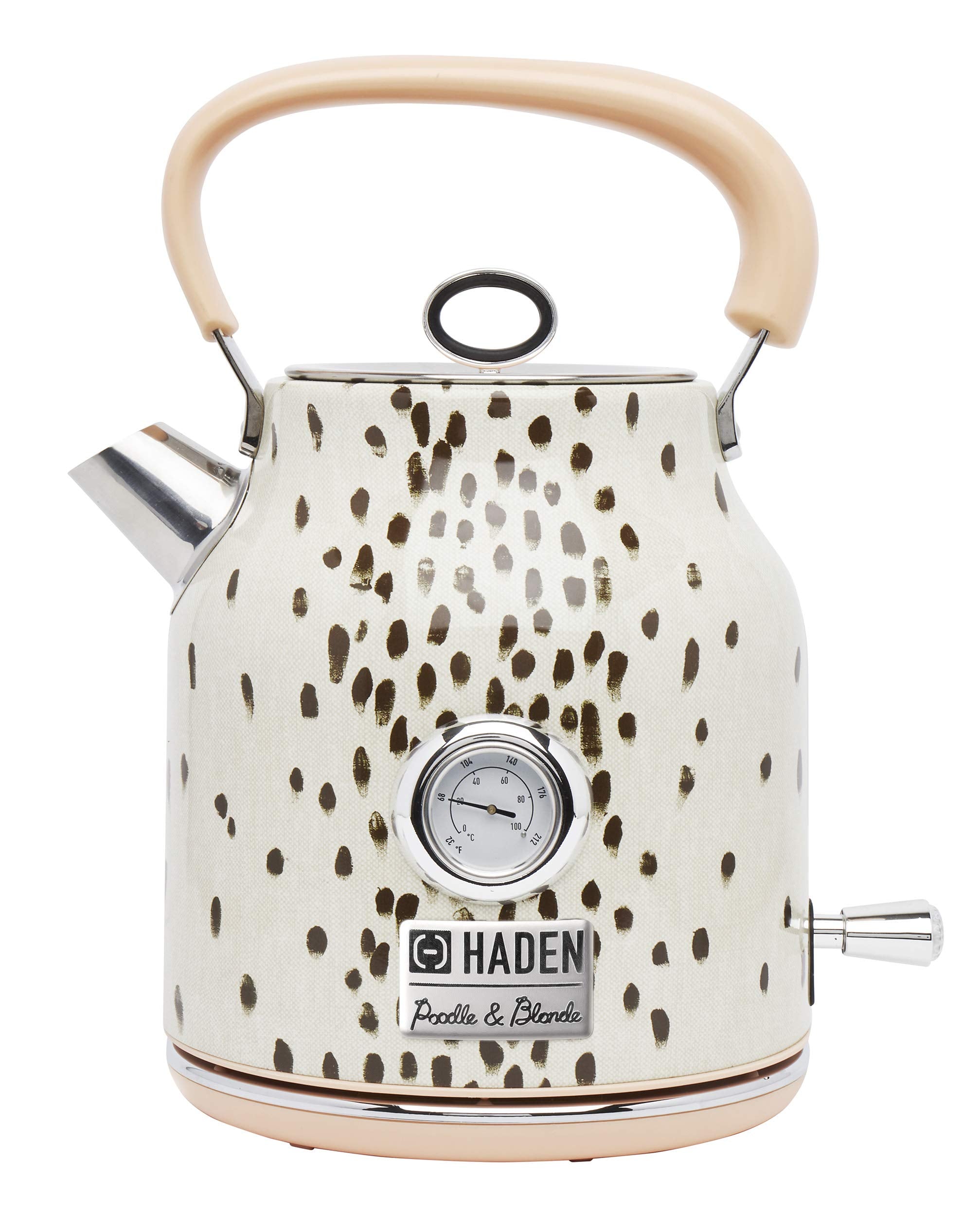 Haden 75023 1.7 Liter Stainless Steel Body Countertop Retro Electric Kettle with Auto Shutoff & Dry Boil Protection (White/Brown