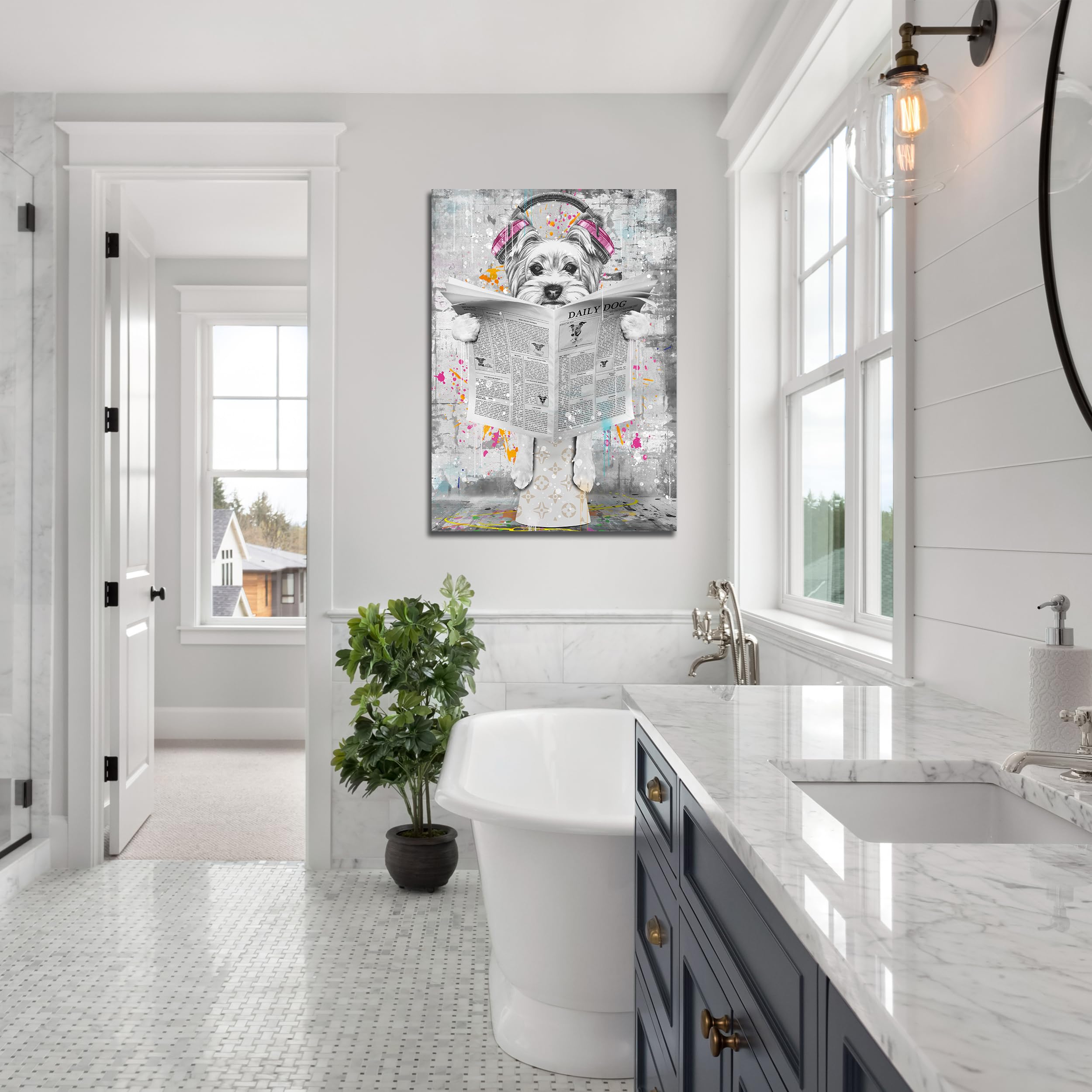 Entanub Bathroom Wall Art, Funny Graffiti Dog Canvas Print Painting For Bedroom, Black And White Picture Decor, Size 16X24 Inche