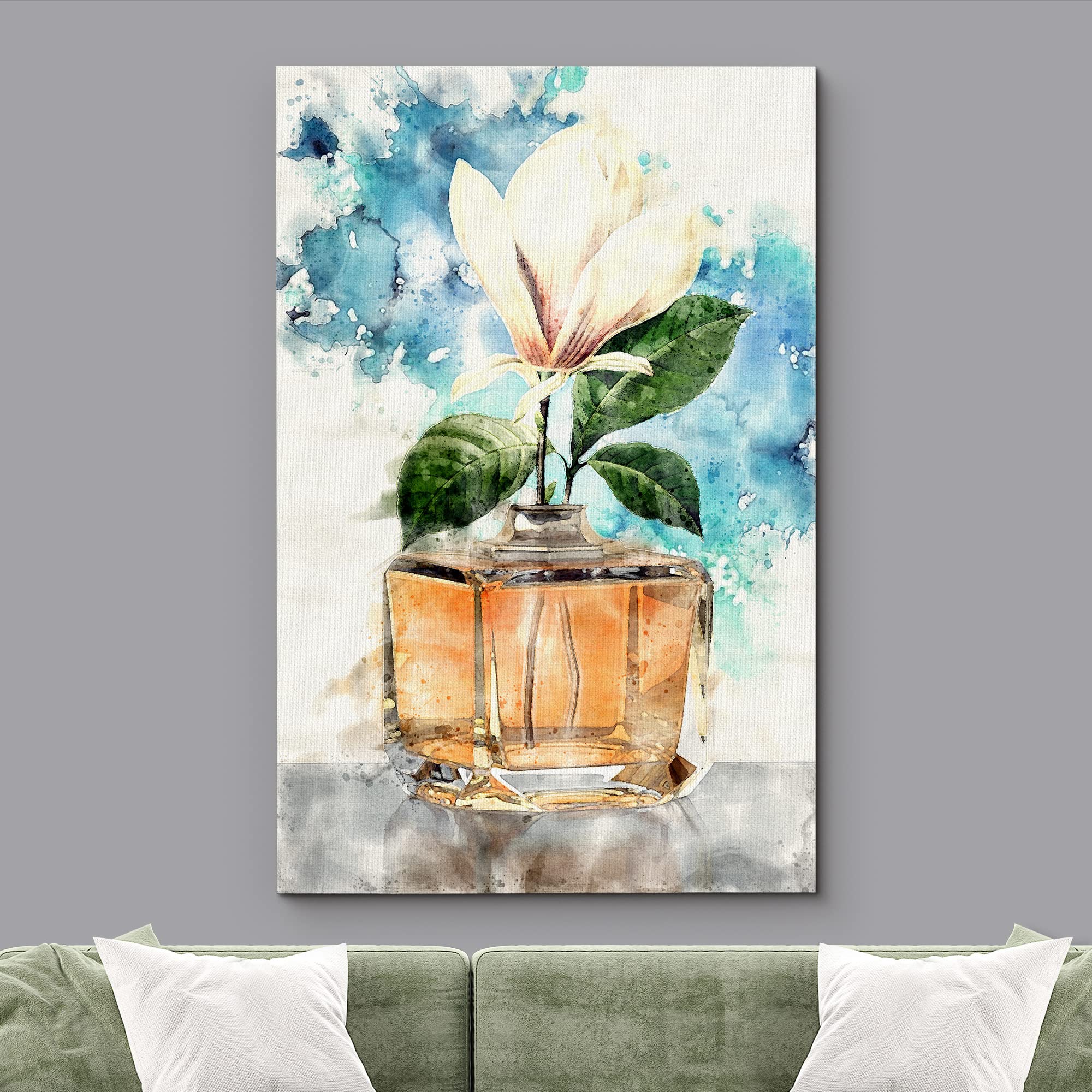 Wall26 Canvas Print Wall Art Orange Perfume Bottle With White Magnolia Flower Pop Culture Fashion Watercolor Modern Art Glam Mul