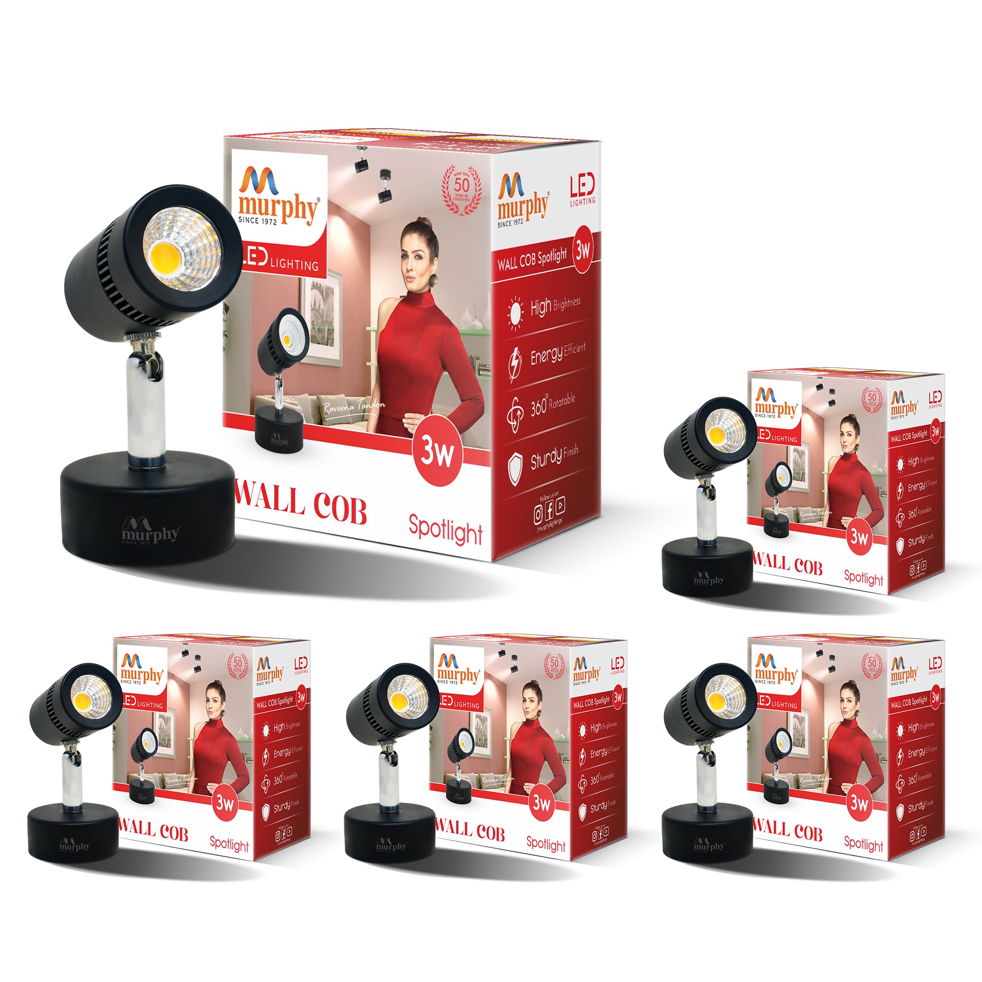 Murphy 3W Adjustable Black Aliminum Led Wall Cob Surface Mounted Spot Light With 2 Years Warranty (Warm White, Pack Of 5)