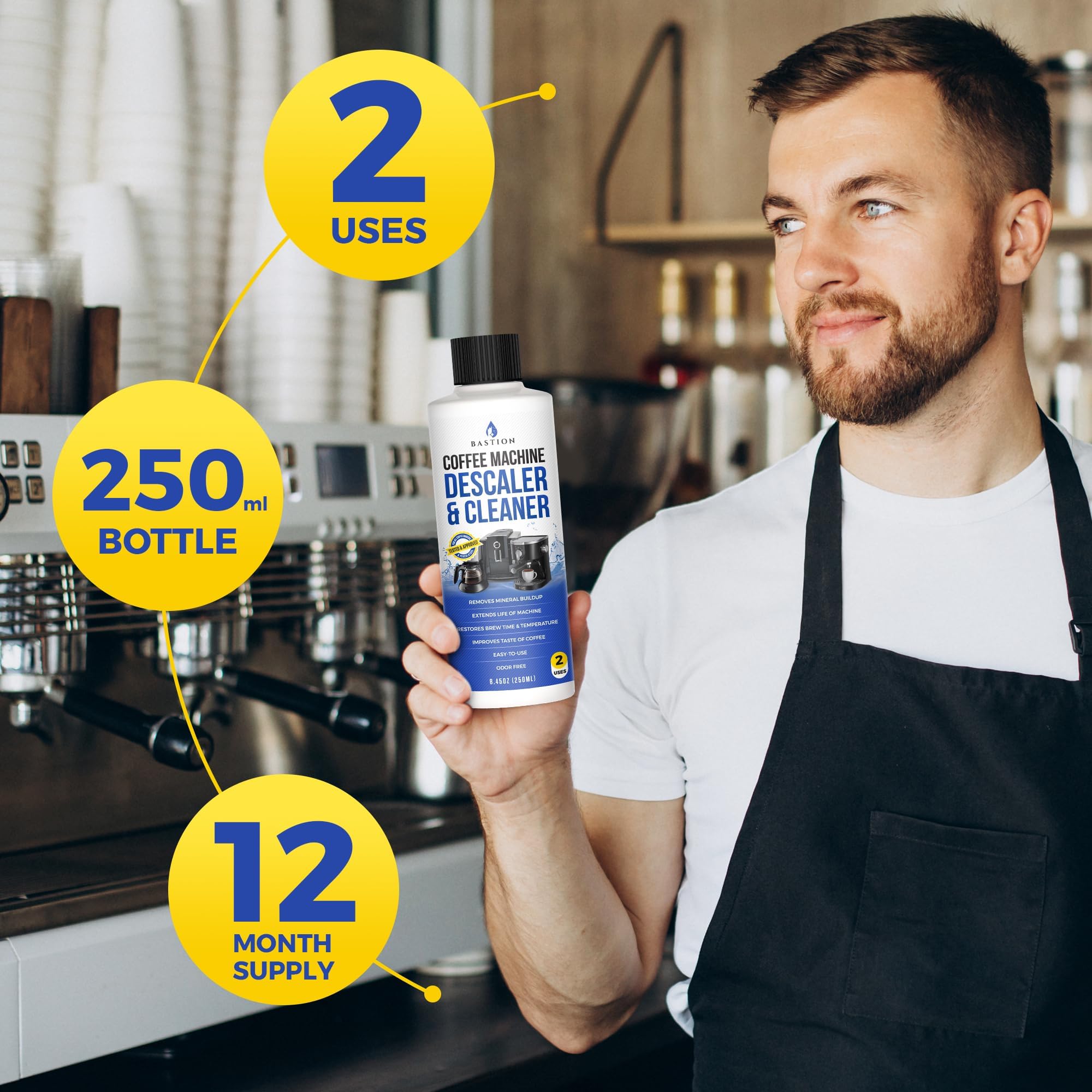 Bastion Coffee Machine Descaler & Cleaner - 4 Uses. (2 Bottles) Universal Descaling Solution Compatible With Keurig, Nespresso,