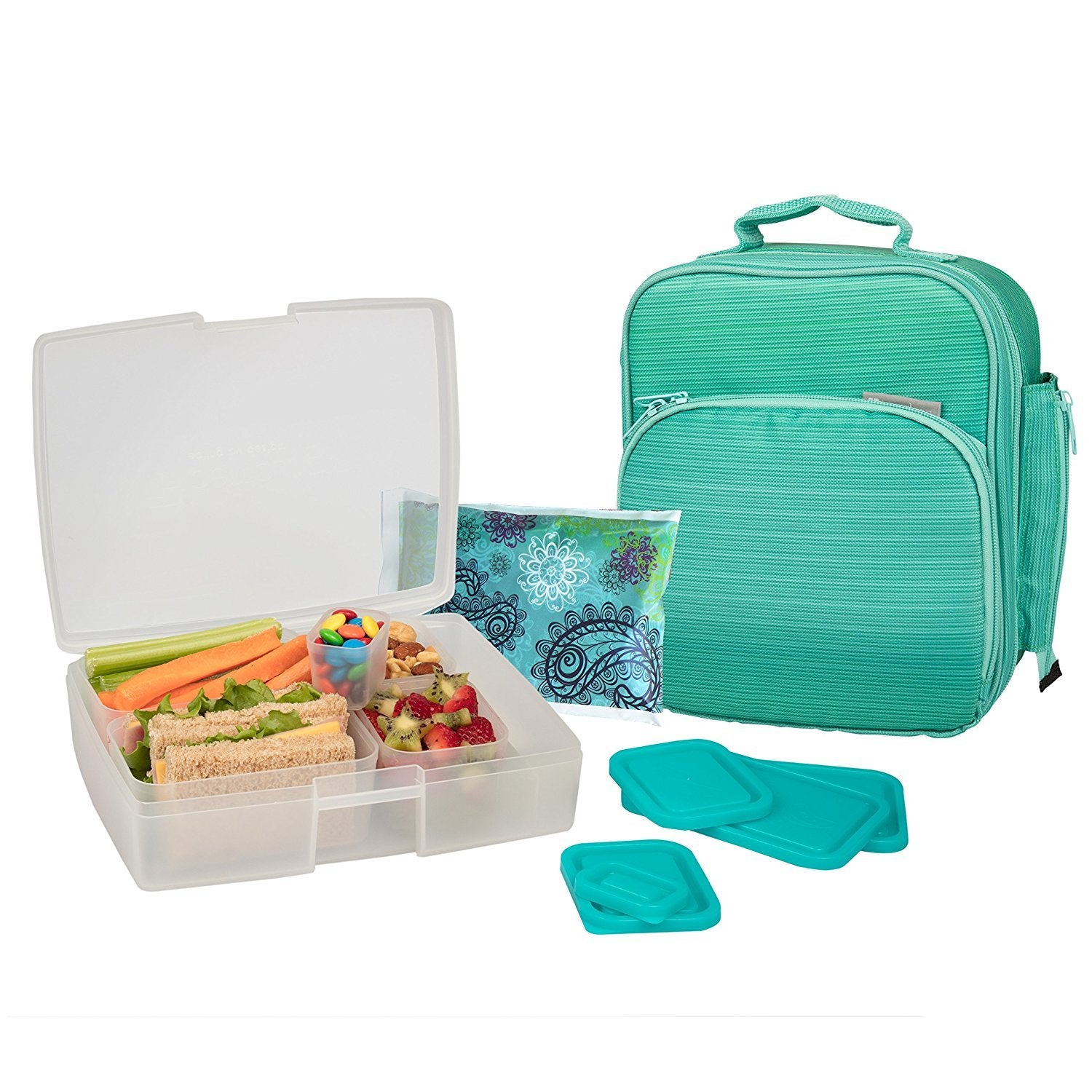 Bentology Lunch Bag And Box Set For Girls, 9 Pieces Total - Kids Insulated Lunchbox Tote, Bento Box, 5 Containers And Ice Pack -