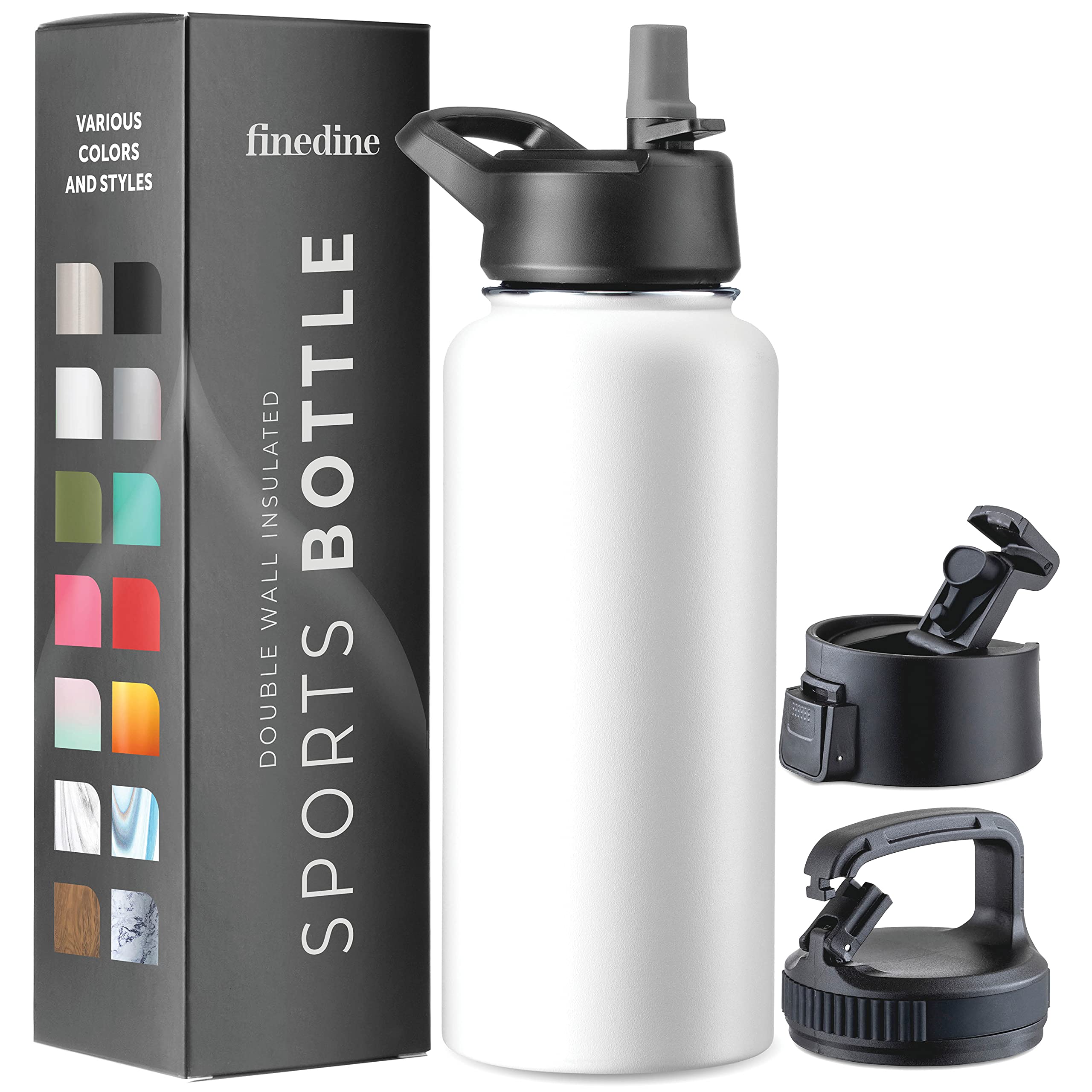 FineDine Triple Walled, Insulated Water Bottles with Straw - 32 Oz Stainless Steel Metal Bottle W/ 3 Leak Proof Lids - For Trave