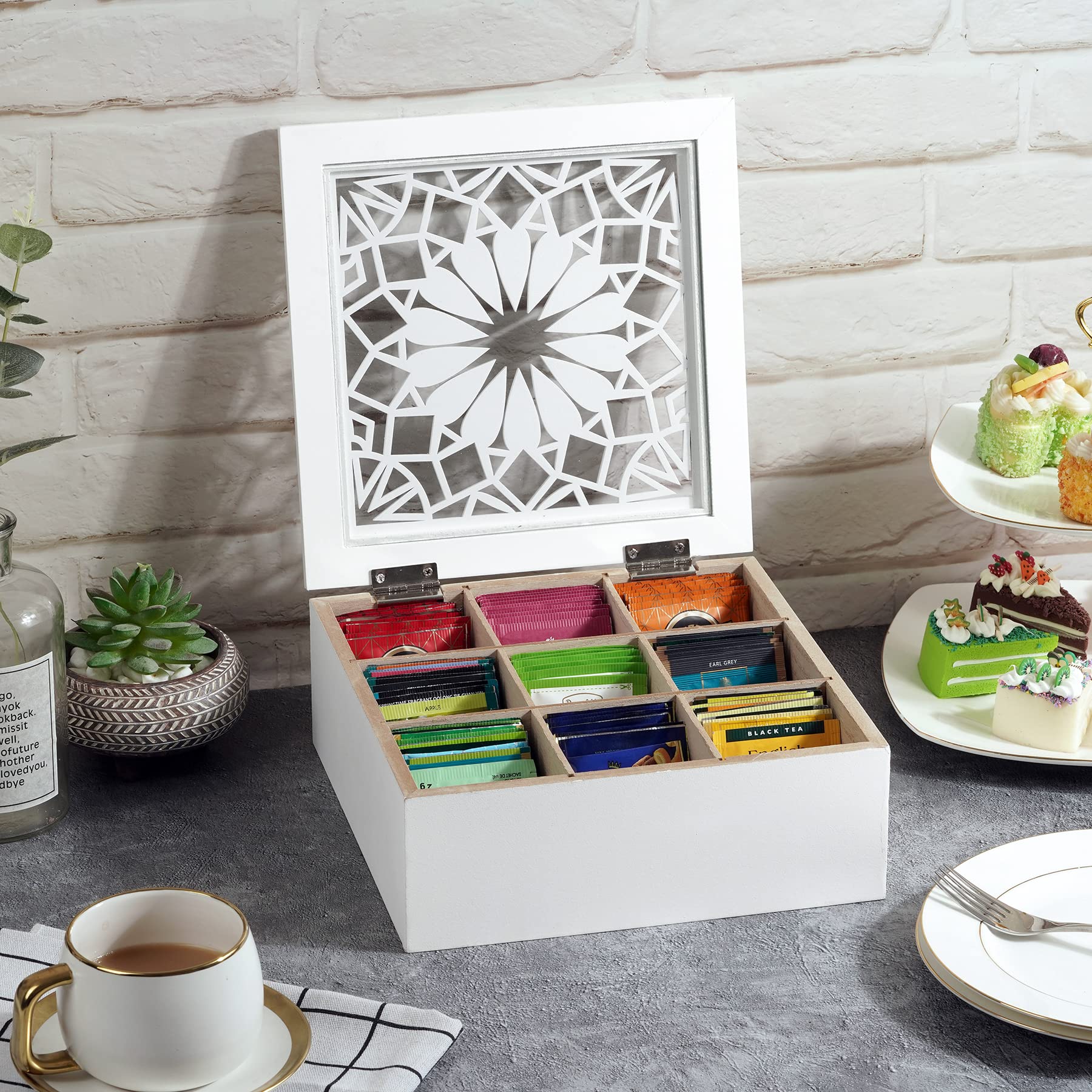 Handrong Tea Box Tea Bag Organizer Wooden Tea Bag Holder Modern Tea Chest With 9 Compartments And Glass Cover For Home Tea Parti