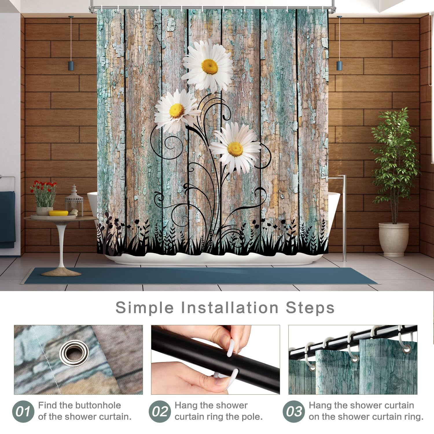 Shower Curtain Set, Rustic Farmhouse Shower Curtain For Bathroom, Fabric Bath Curtain 12 Hooks, Daisy American Country Farm Styl
