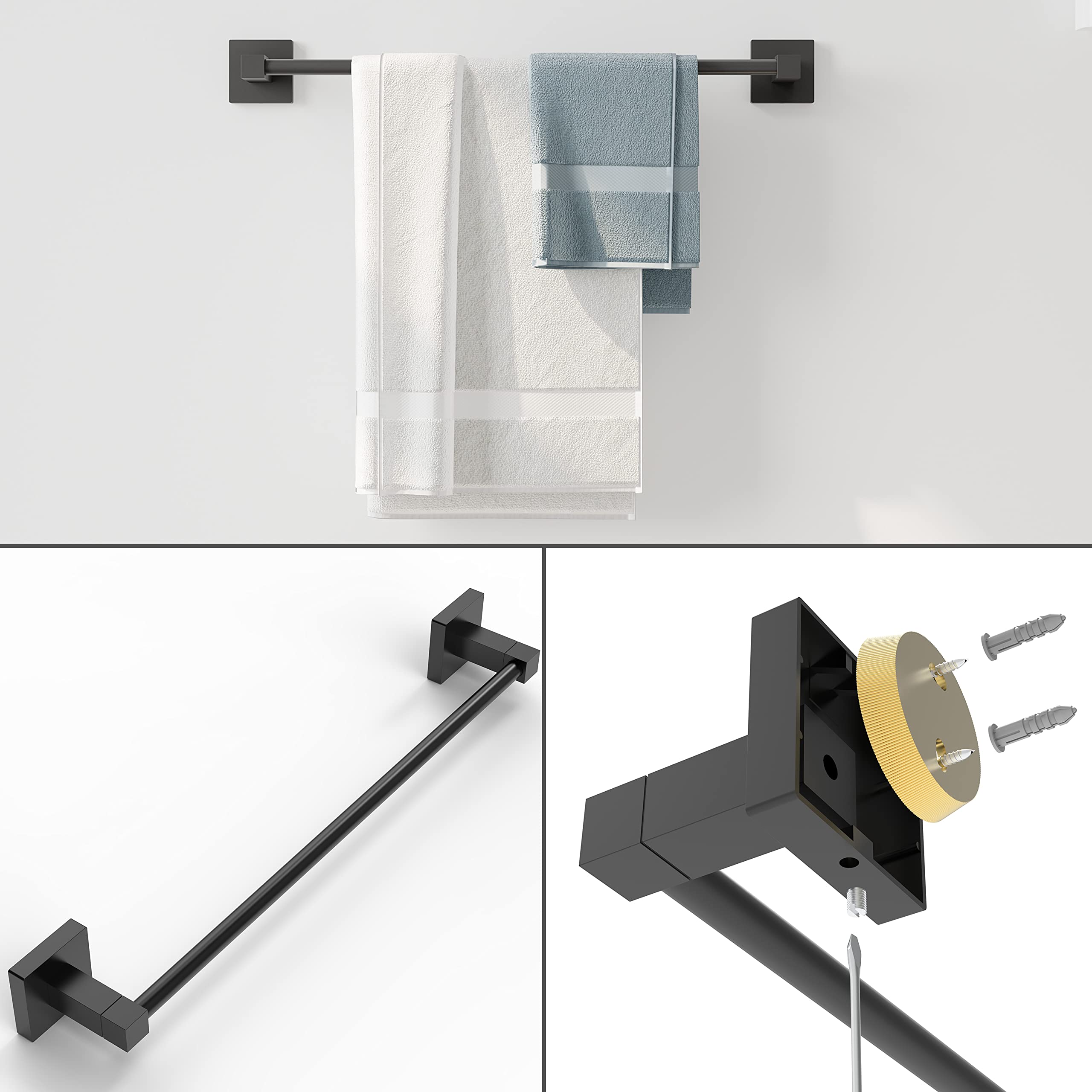Ruacq 4 Pieces Bathroom Hardware Set Matte Black Square Stainless Steel And Zinc Alloy Modern Wall Mounted,18-Inch Towel Bar,Toi