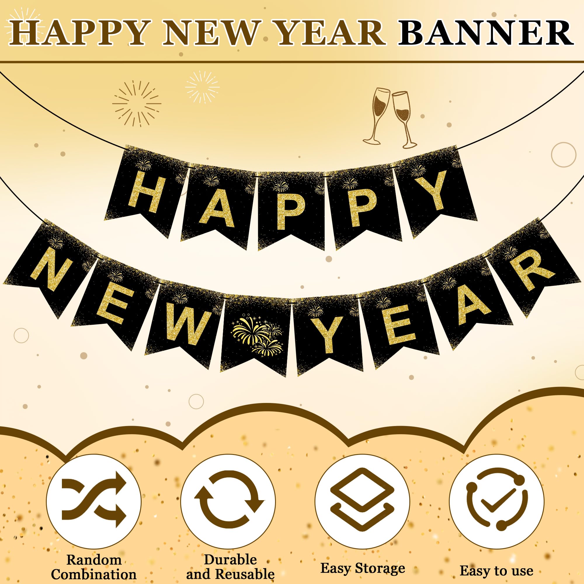 OHOME New Year Banner 2025 - Gold Happy New Year Decorations & Party Supplies - Model: New Year Banner-OHOME-01