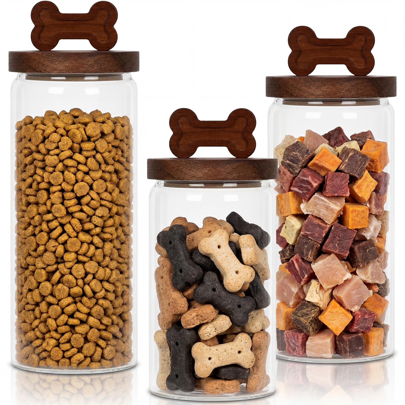 Ferrochef 3 Pcs Glass Dog Treat Container, Dog Food Jar with Wooden Lid