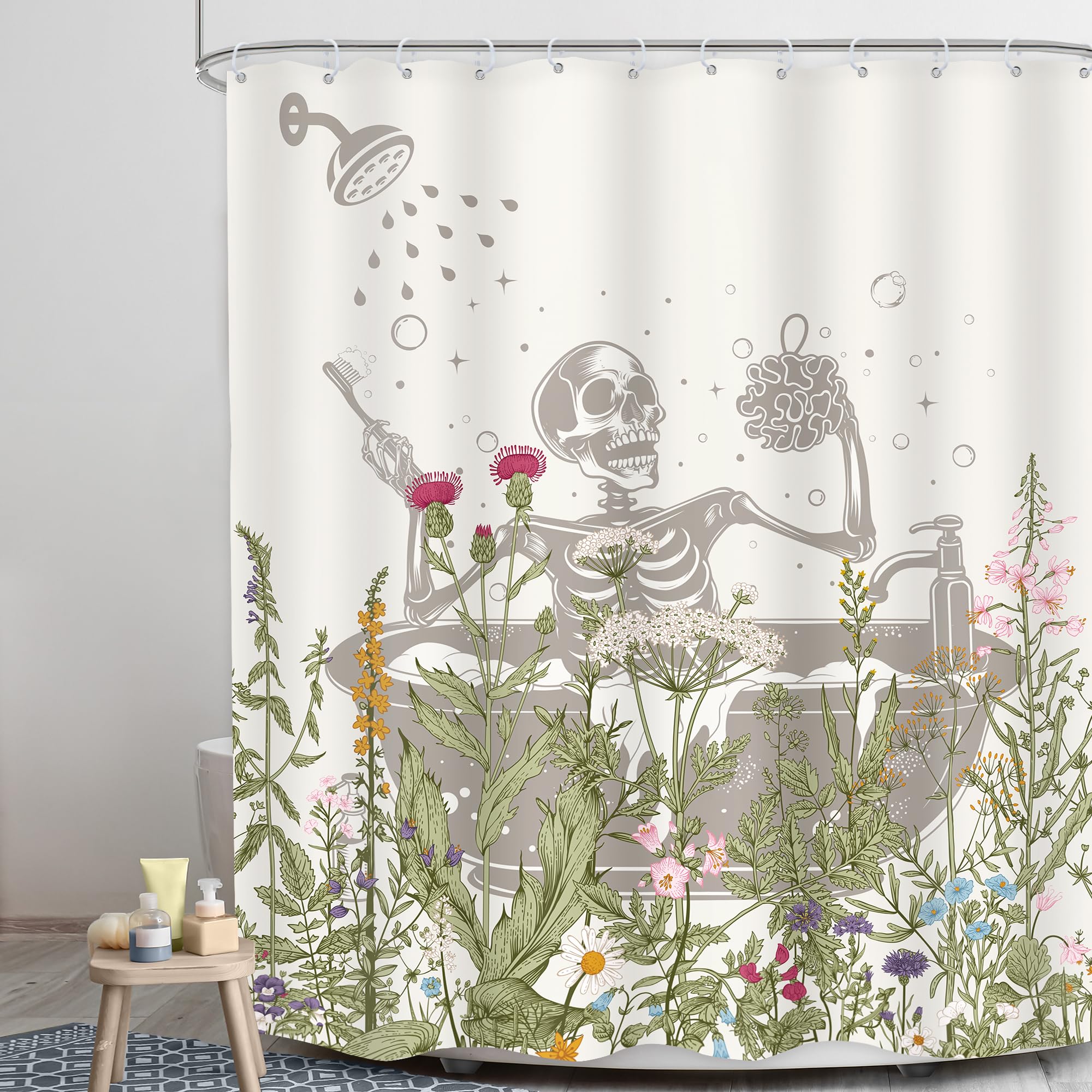 Lghtyro Funny Skull Halloween Wildflower Shower Curtain Bathroom Set 60Wx71H Inches Gothic Skeleton Floral Rustic Leaves In Bath