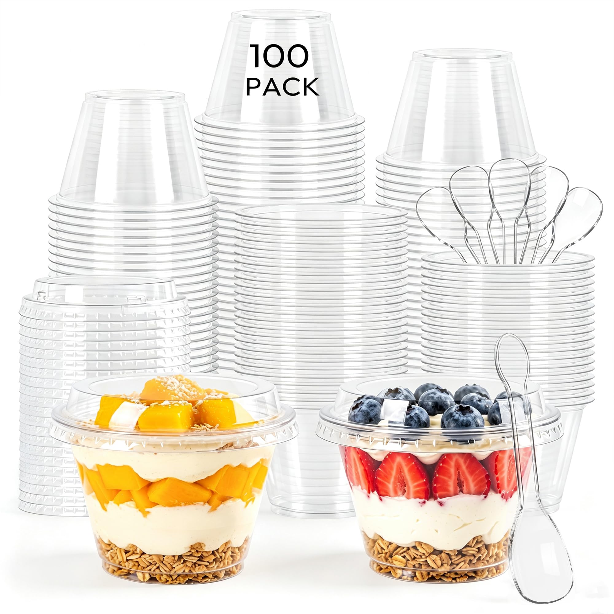 Dealantic 100 Pack 6oz Dessert Cups with Lids and Spoons, Small Plastic Yogurt Parfait Cups, Mini Round Party Serving Cup for Fr
