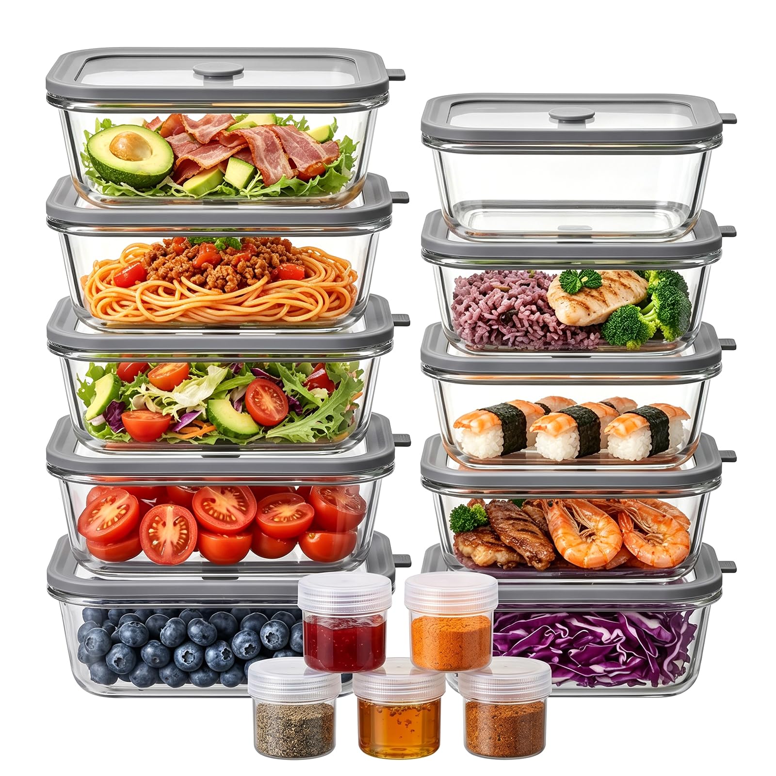 10Pack Glass Food Storage Containers with Glass Lids, 5 x 33oz & 5 x 21oz
