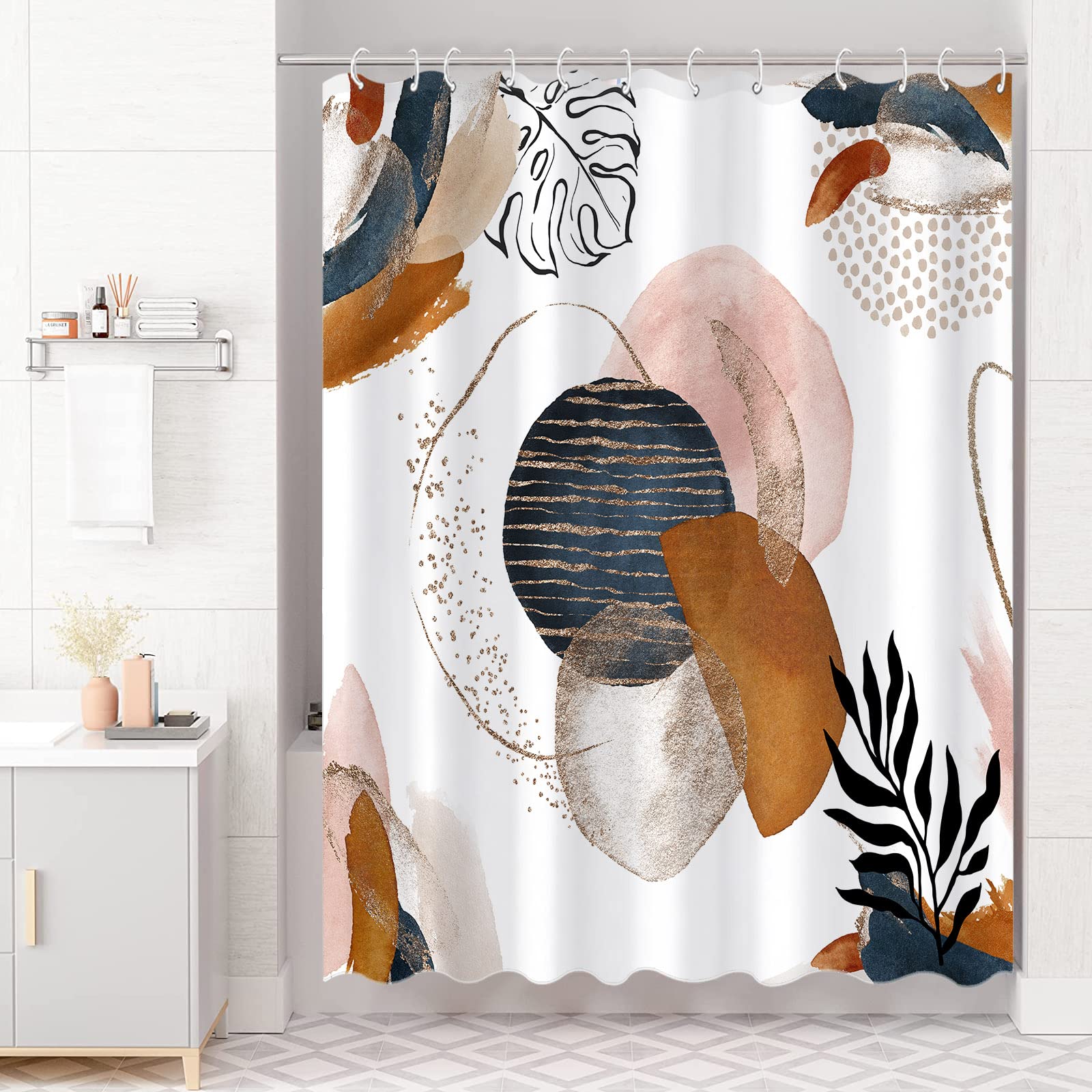 Fungarth Boho Shower Curtains For Bathroom Mid Century Navy Blue Colorful Modern Geometric Leaves Neutral Minimalist Fabric Wate