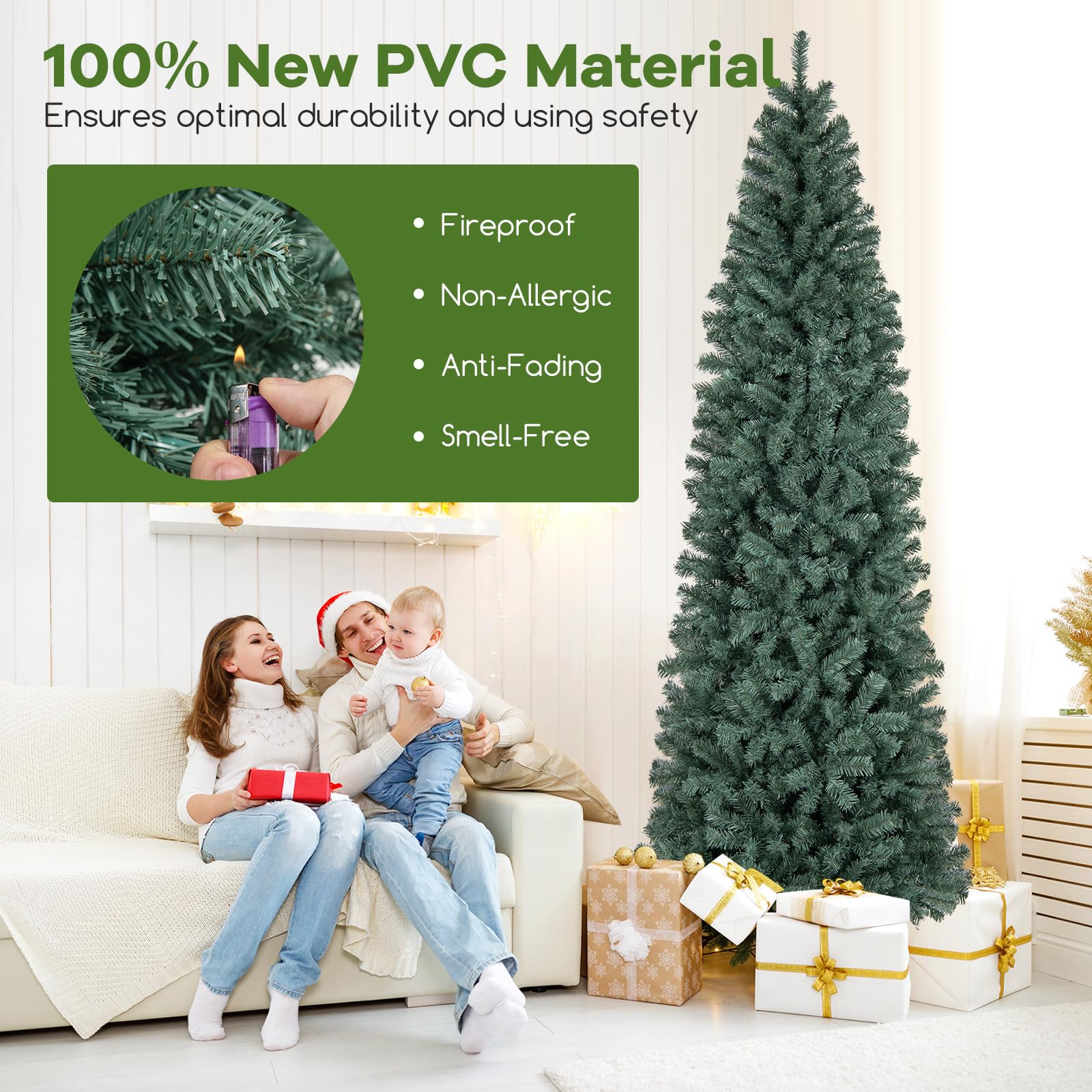 GOFLAME 9FT Pre-Lit Pencil Christmas Tree, Hinged Artificial Xmas Tree with 1168 Branch Tips, 500 LED Lights, 9 Lighting Modes &