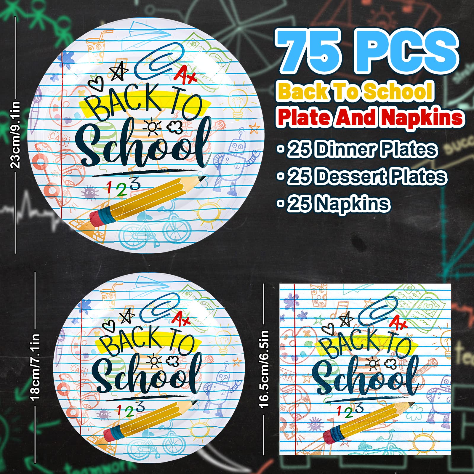 Whaline Back To School Tableware Set Homework Pencil Prints School Season Disposable Dinnerware Set 50Pcs Paper Plates 25Pcs Lun