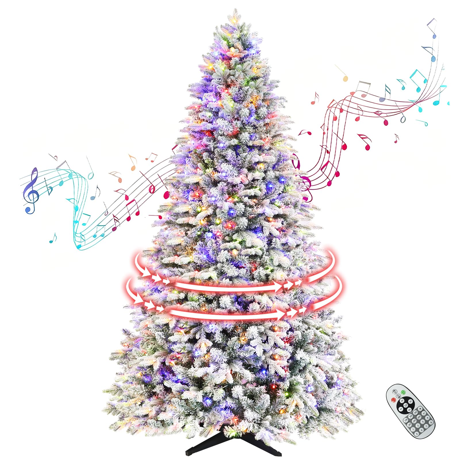 VINCONLIDY Rotating Flocked Christmas Tree 7ft - Prelit Musical Artificial Xmas Tree with Remote Control, 1220 PE & PVC Mixed Ti