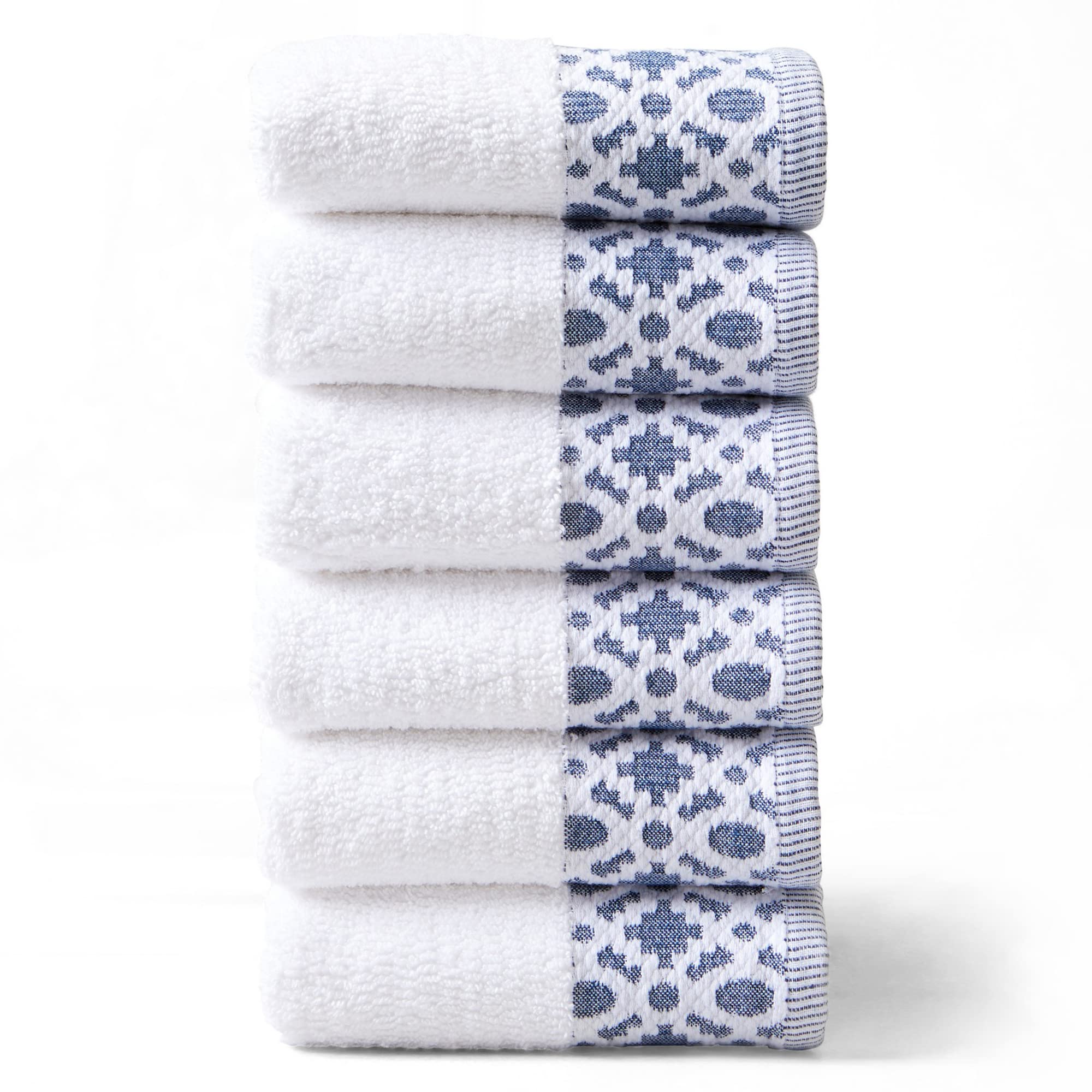 Market & Place 100% Cotton Luxury Hand Towel Set  Super Soft and Highly Absorbent  Textured Decorative Border  Includes 6 Hand Towels  Nitra Collection (White/Navy)