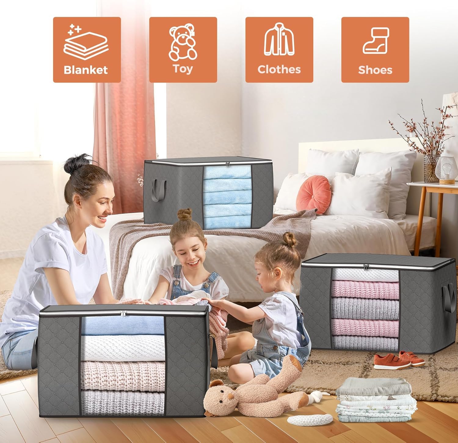 90L Large Storage Bags, 6 Pack Clothes Storage Bins Foldable Closet Organizers Storage Containers with Durable Handle for Clothi