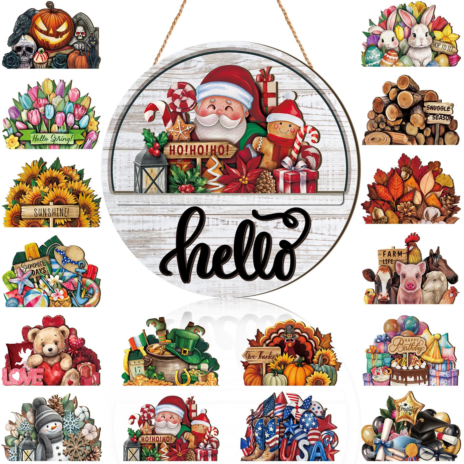 Yousoontic 17 Pcs 12 Inch Magnetic Welcome Door Sign Interchangeable Front Door Decor Rustic Christmas Seasonal Hanging Sign Tha