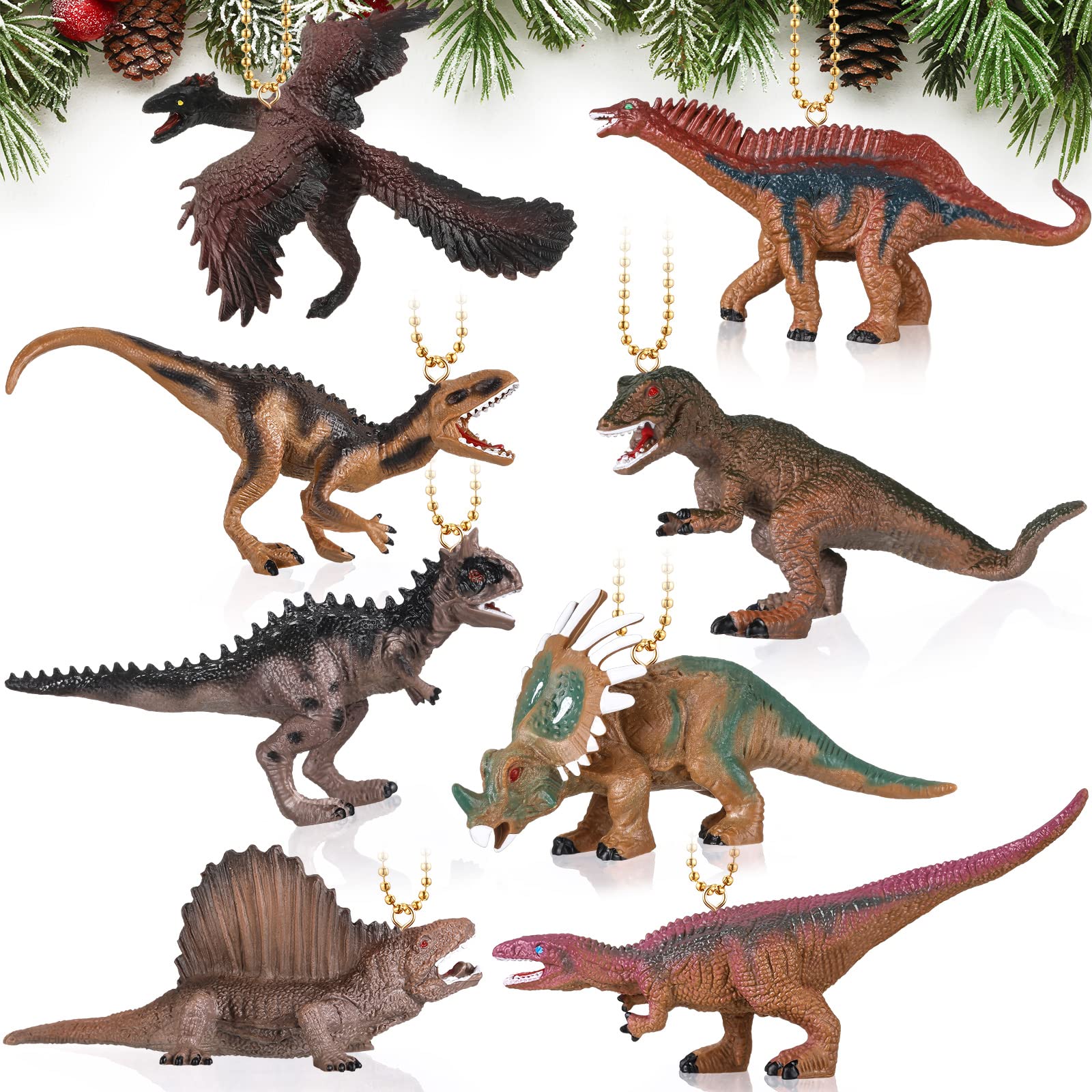 Batiyeer 8 Pcs Dinosaur Ornaments for Christmas Tree Hanging Xmas Ornaments Dinosaur Themed Birthday Party