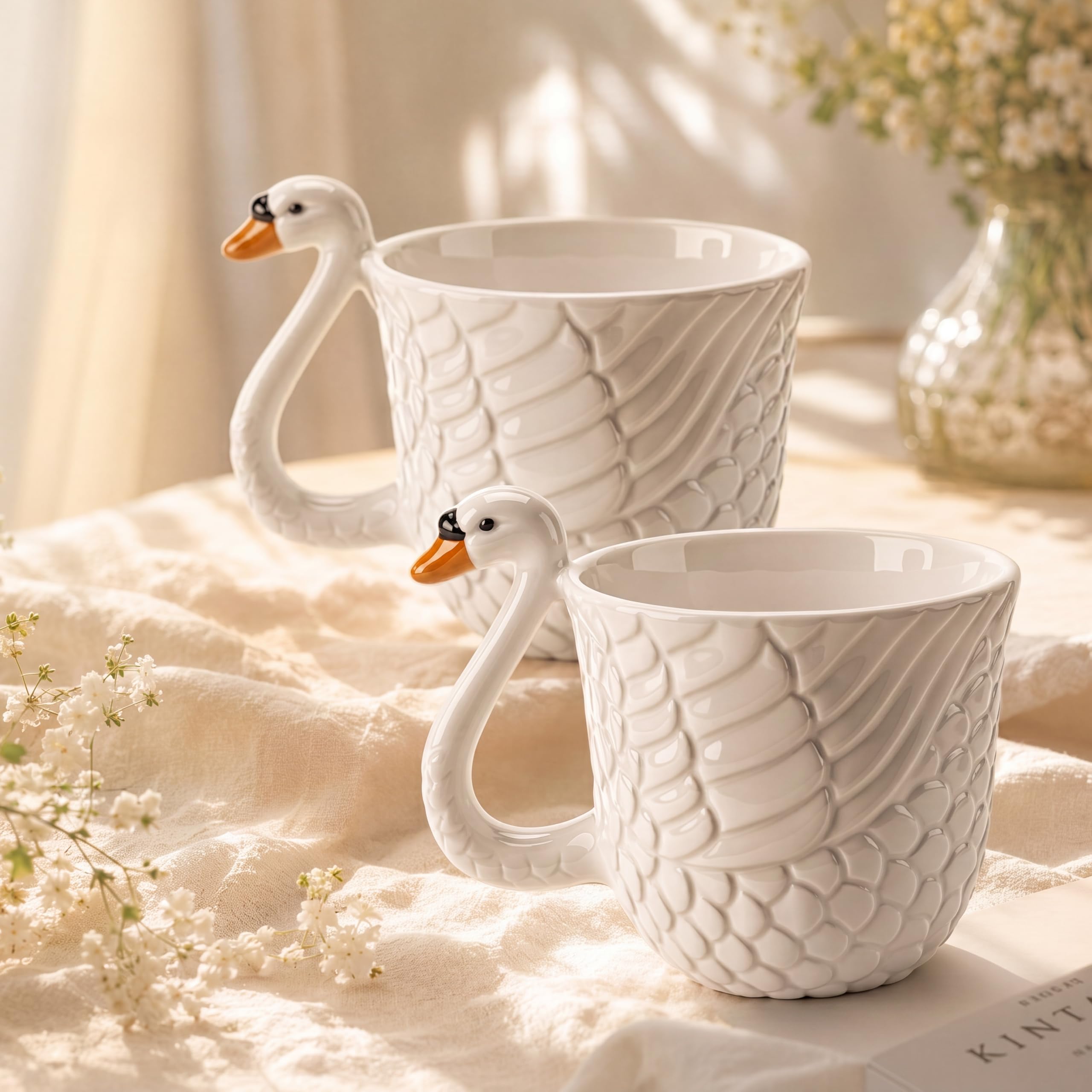 Zhehao 2 Pack Swan Ceramic Coffee Mugs, 12x9.5x8.5cm White 3D Swan Handle Tea Cups, Cute Animal Shaped Drinking Mugs for Home, K