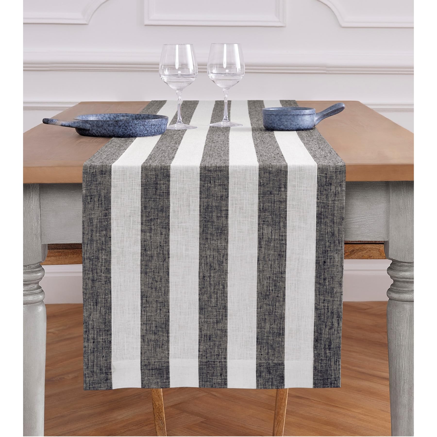 Solino Home Cabana Stripe Linen Table Runner 18 X 90 Inches Long - 100% Pure Linen Black And White Table Runner For Spring, East